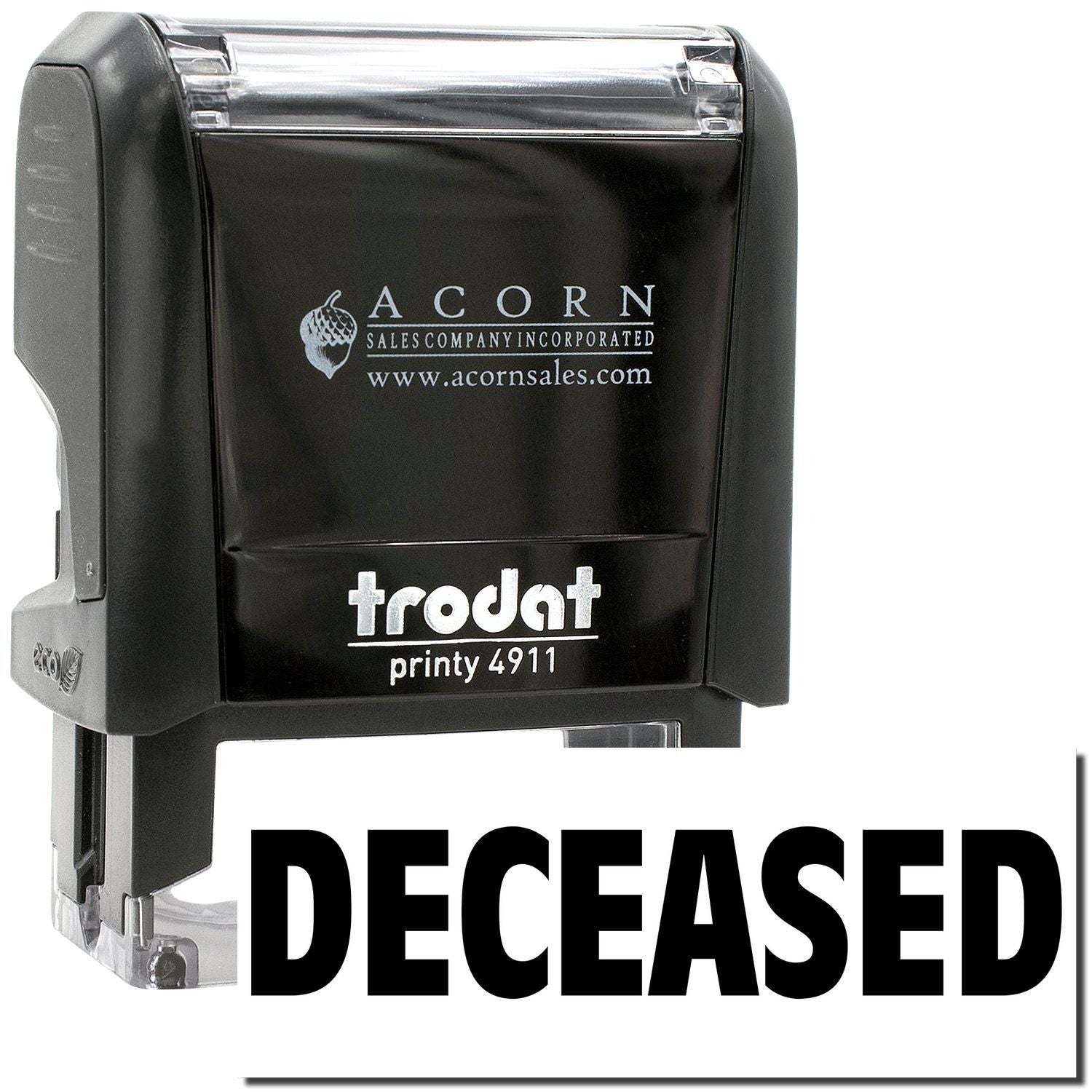 Black Trodat Printy 4911 self-inking deceased stamp by Acorn Sales Company, office rubber stamp for document marking