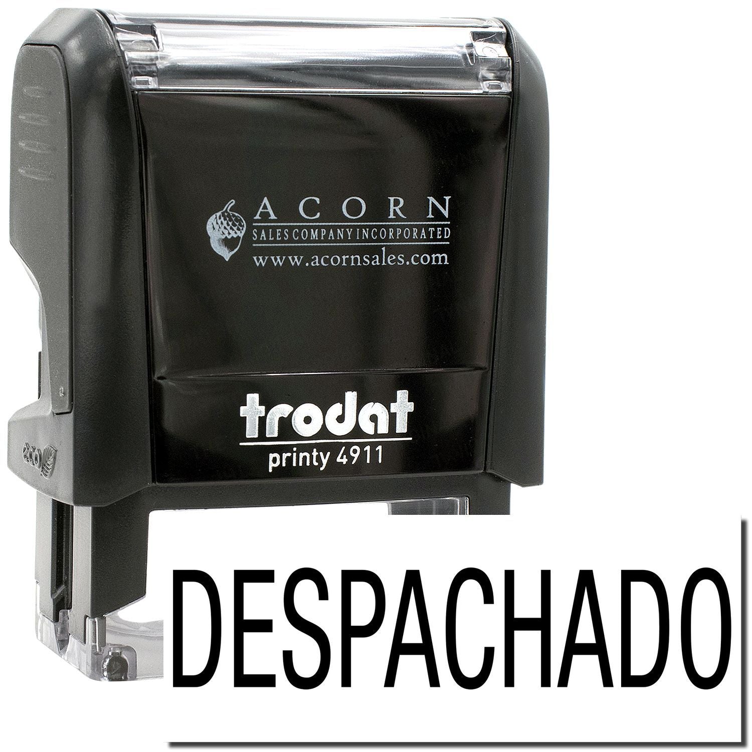 Black Trodat Printy 4911 self-inking stamp with Despachado text, Acorn Sales branding, and clear plastic cap.