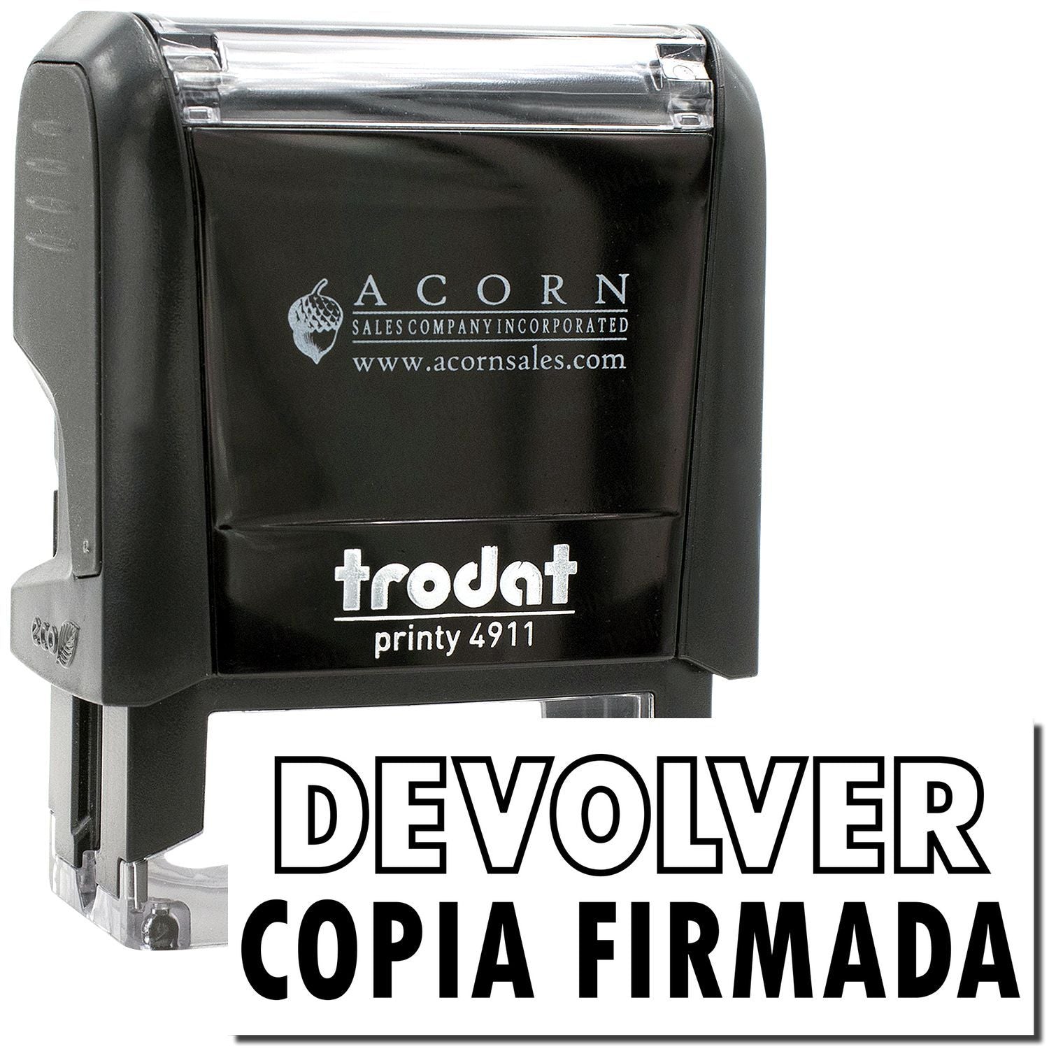 Sello autoinking Trodat Printy 4911 con texto Devolver copia firmada para oficina y documentos.