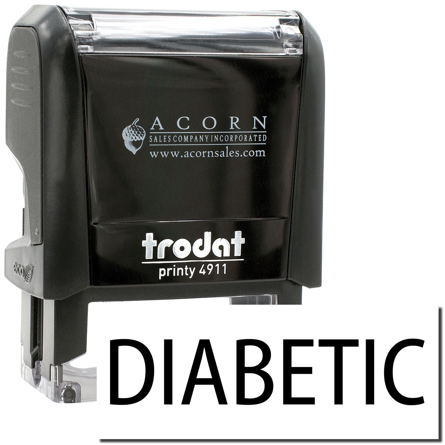 Black Trodat Printy 4911 self-inking stamp with DIABETIC text for medical office labeling