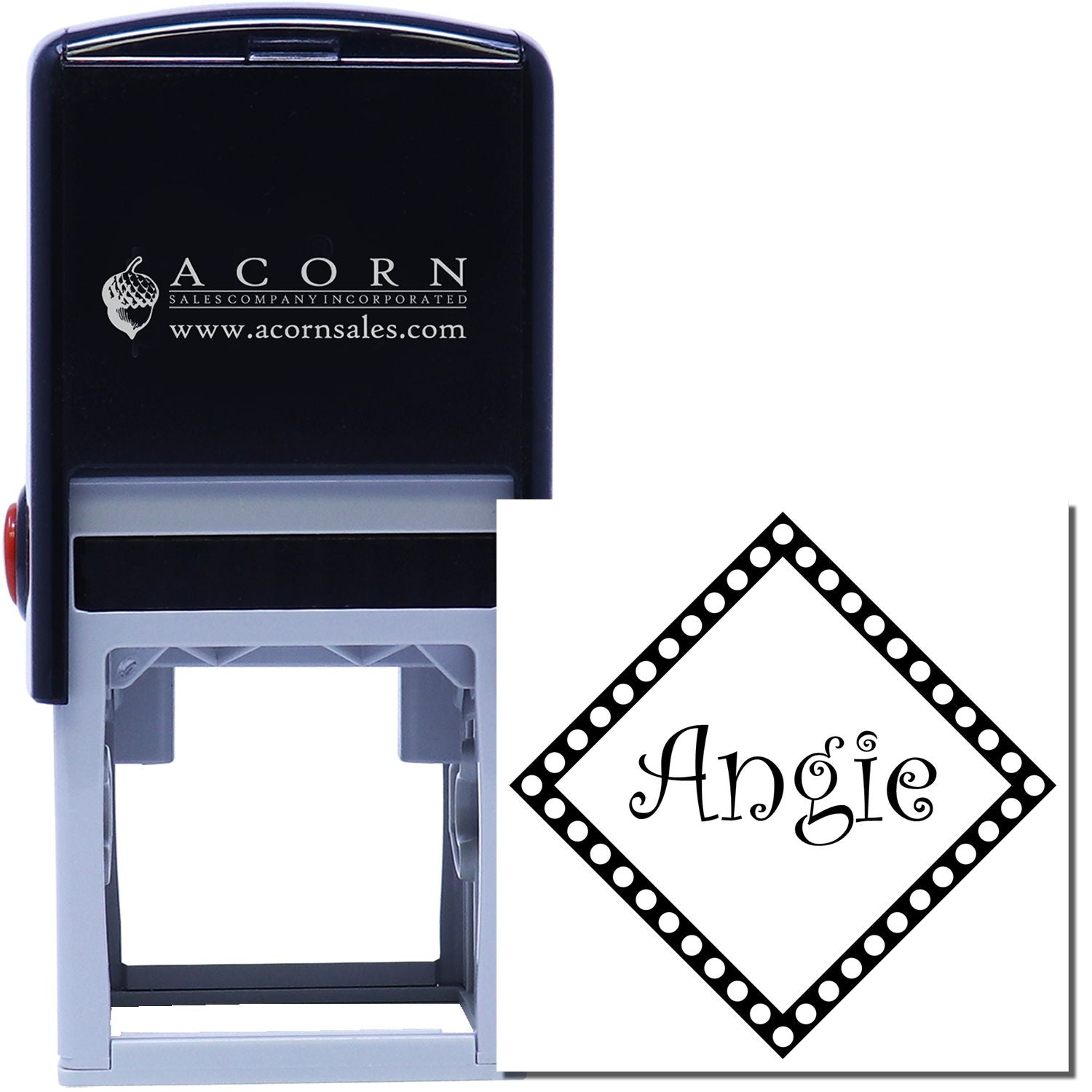 Custom self-inking rubber stamp with decorative diamond border and Angie for personalized business or craft use