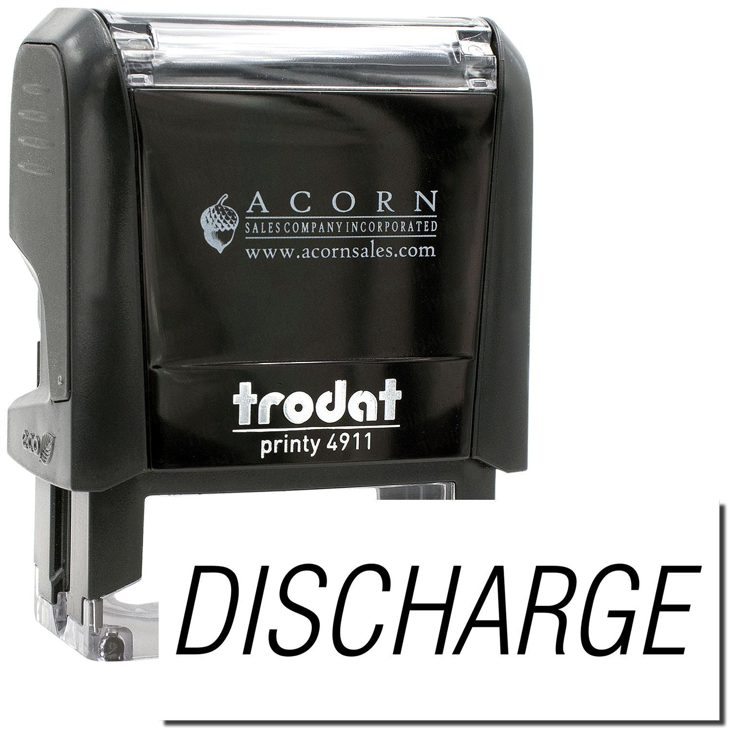 Trodat Printy 4911 discharge stamp, black self-inking office stamp by Acorn Sales Company.
