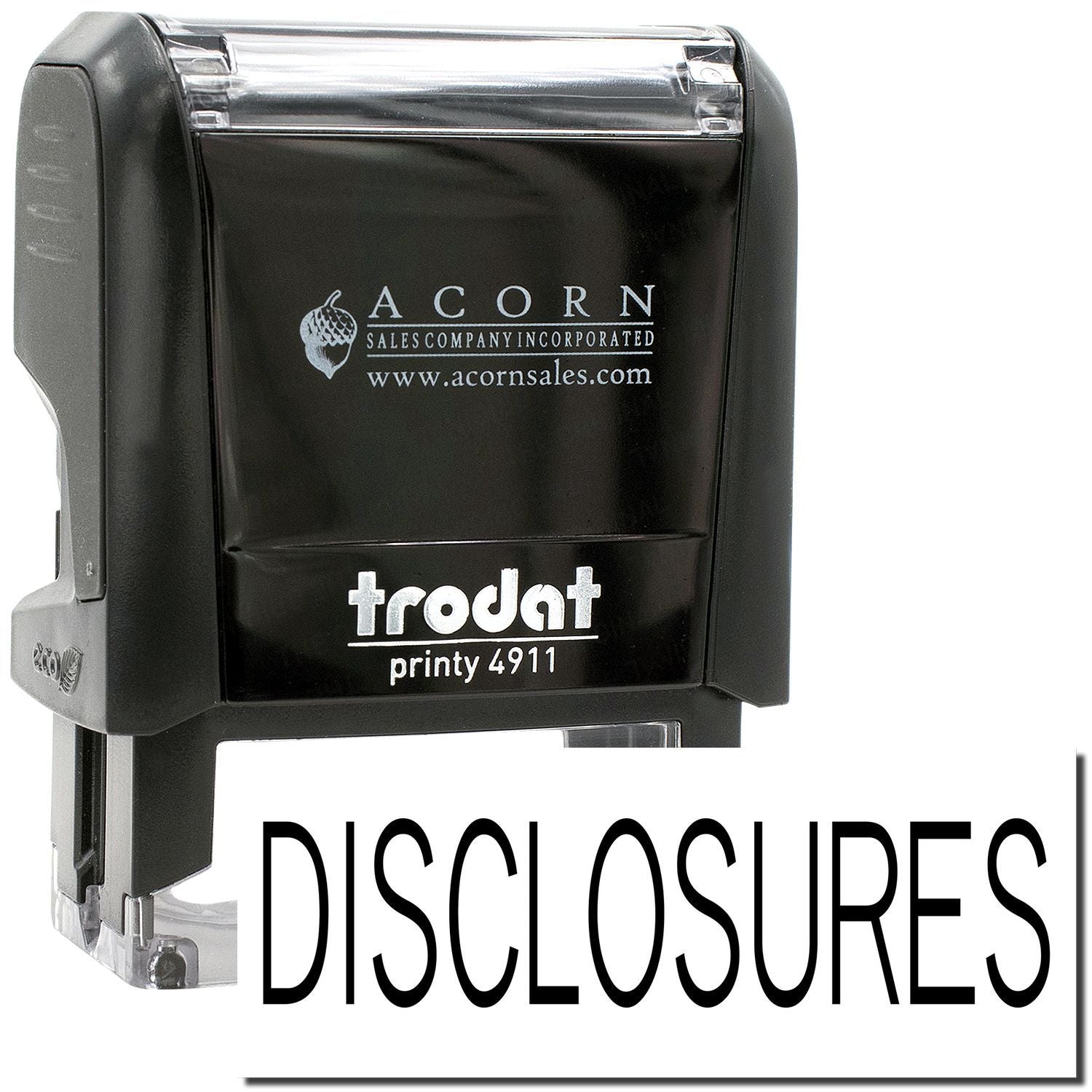 Trodat Printy 4911 black self-inking disclosures stamp with Acorn Sales logo and clear cover.