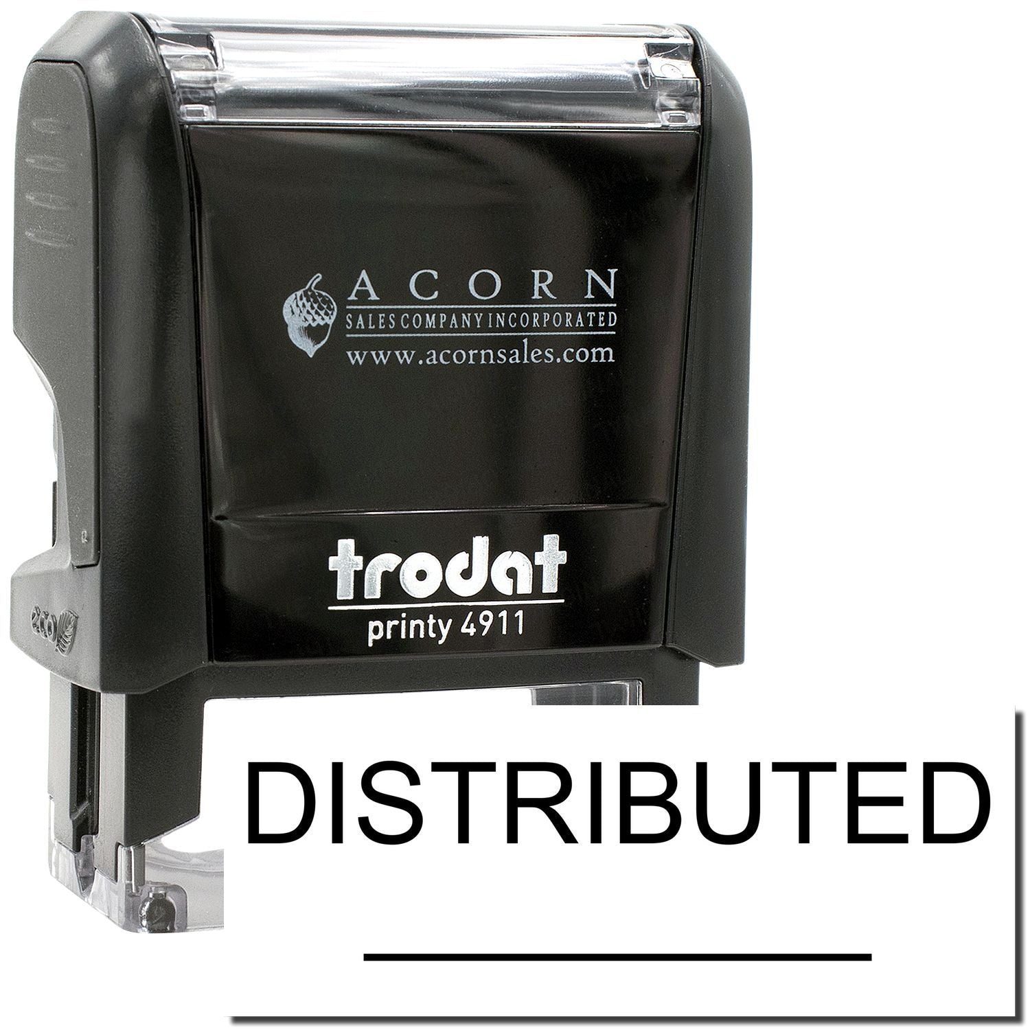 Black Trodat Printy 4911 self-inking stamp with Distributed imprint and Acorn Sales Company branding