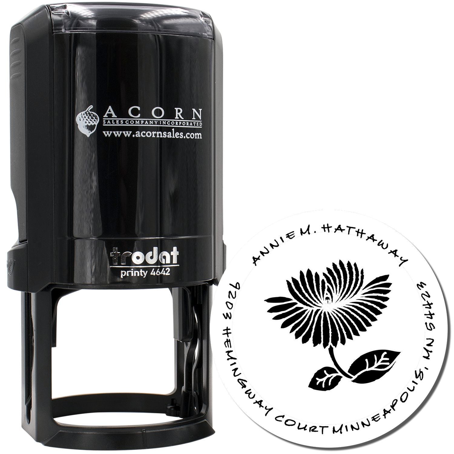 Trodat self-inking rubber stamp with custom round floral logo imprint and personalized text for business or event branding