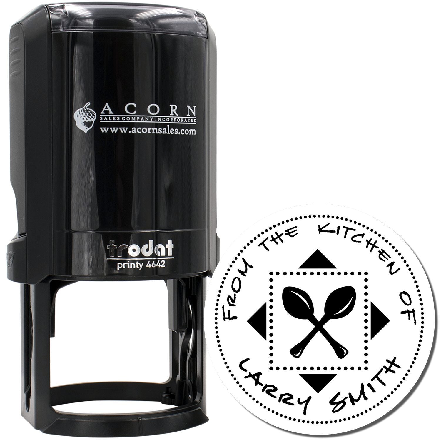 Trodat self-inking rubber stamp with custom round personalized kitchen stamp design