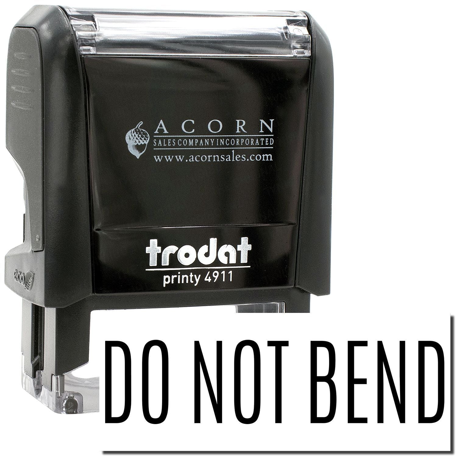 Trodat Printy 4911 self-inking Do Not Bend stamp by Acorn Sales Company, black packaging with clear handle.