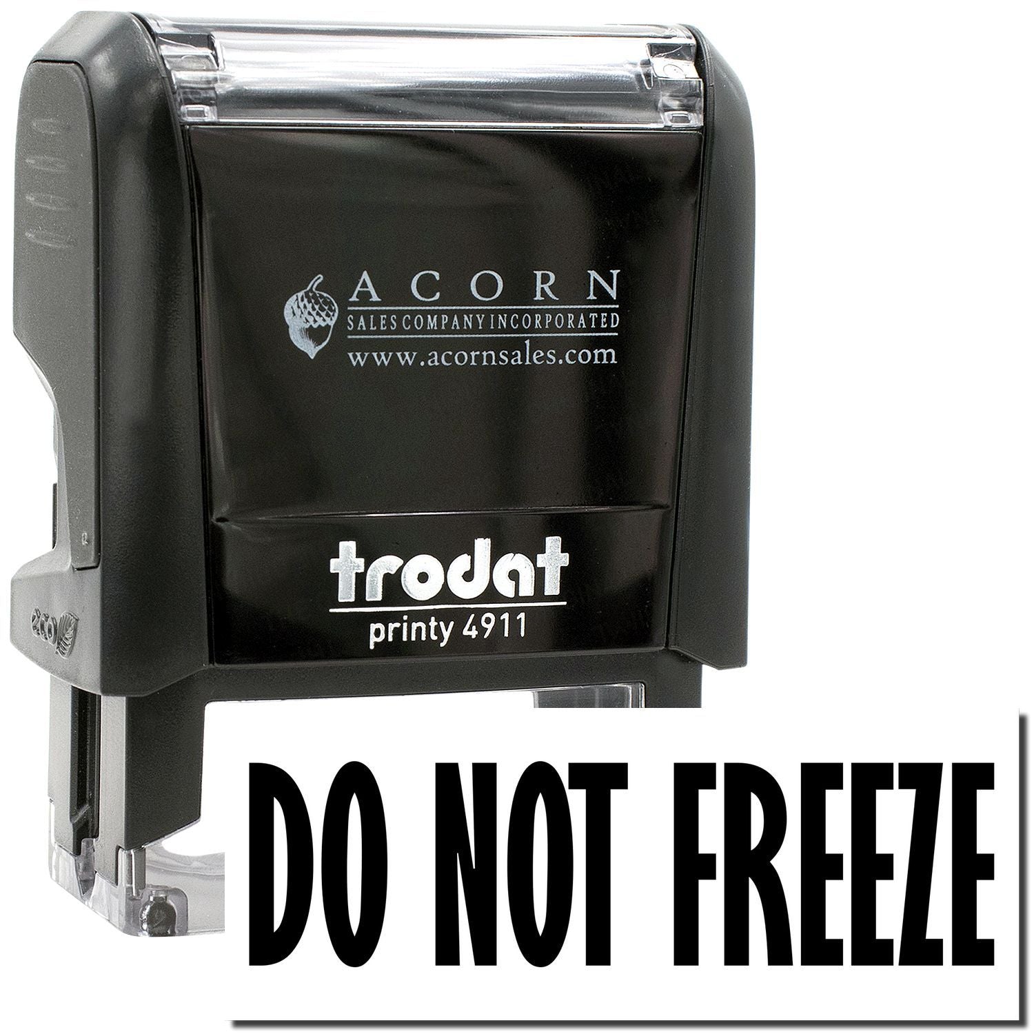 Trodat Printy 4911 self-inking stamp with Do Not Freeze label, black Acorn Sales custom stamp.