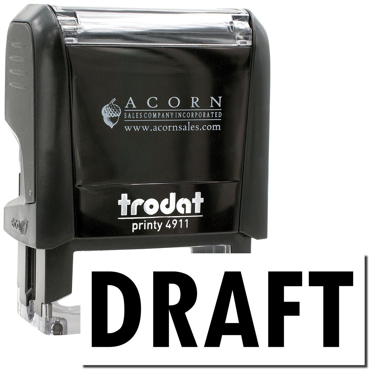 Black Trodat Printy 4911 self-inking draft stamp with Acorn Sales Company logo on a white background