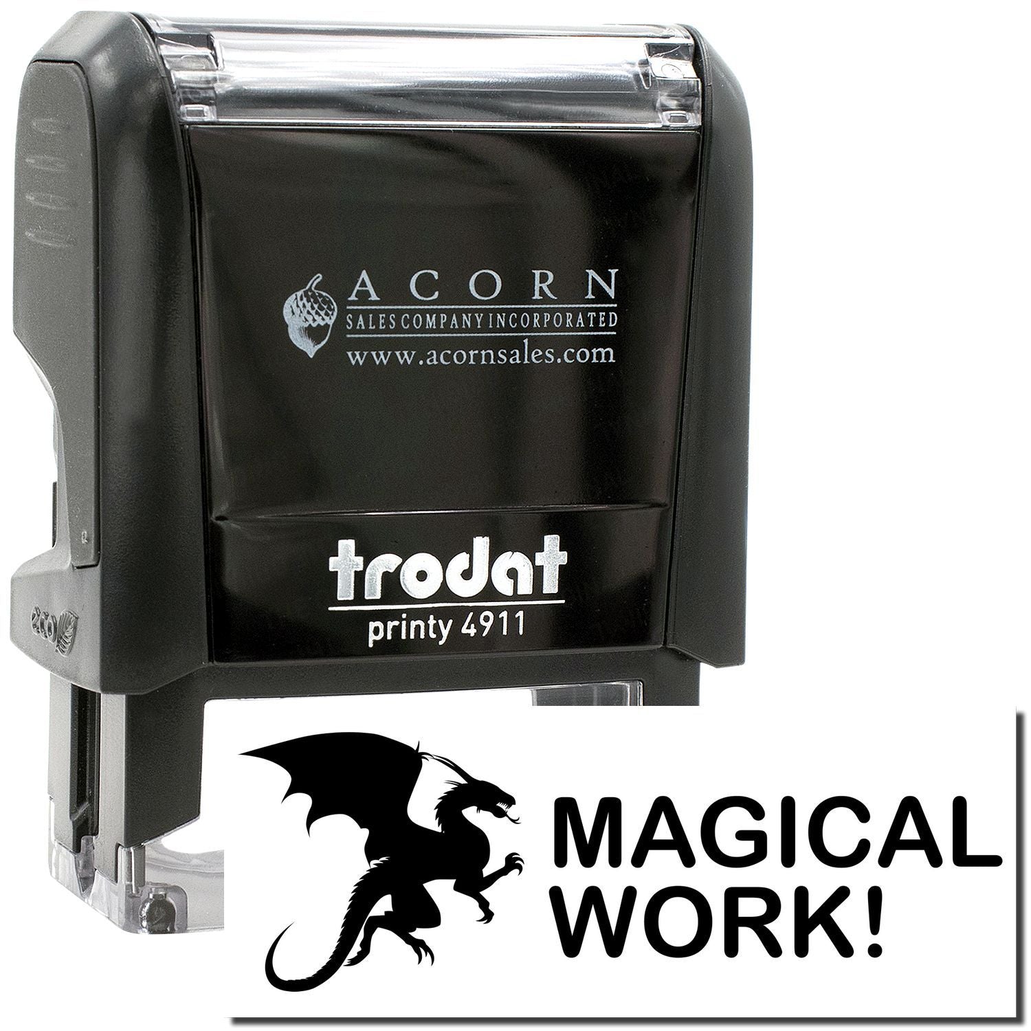 Trodat Printy 4911 self-inking custom rubber stamp with Magical Work! dragon logo design and Acorn Sales branding