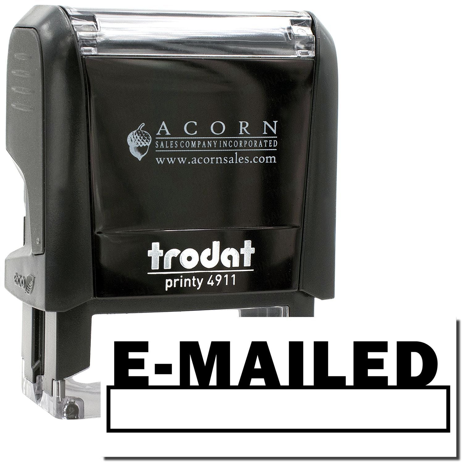 Trodat Printy 4911 E-MAILED self-inking stamp in black with Acorn Sales branding.