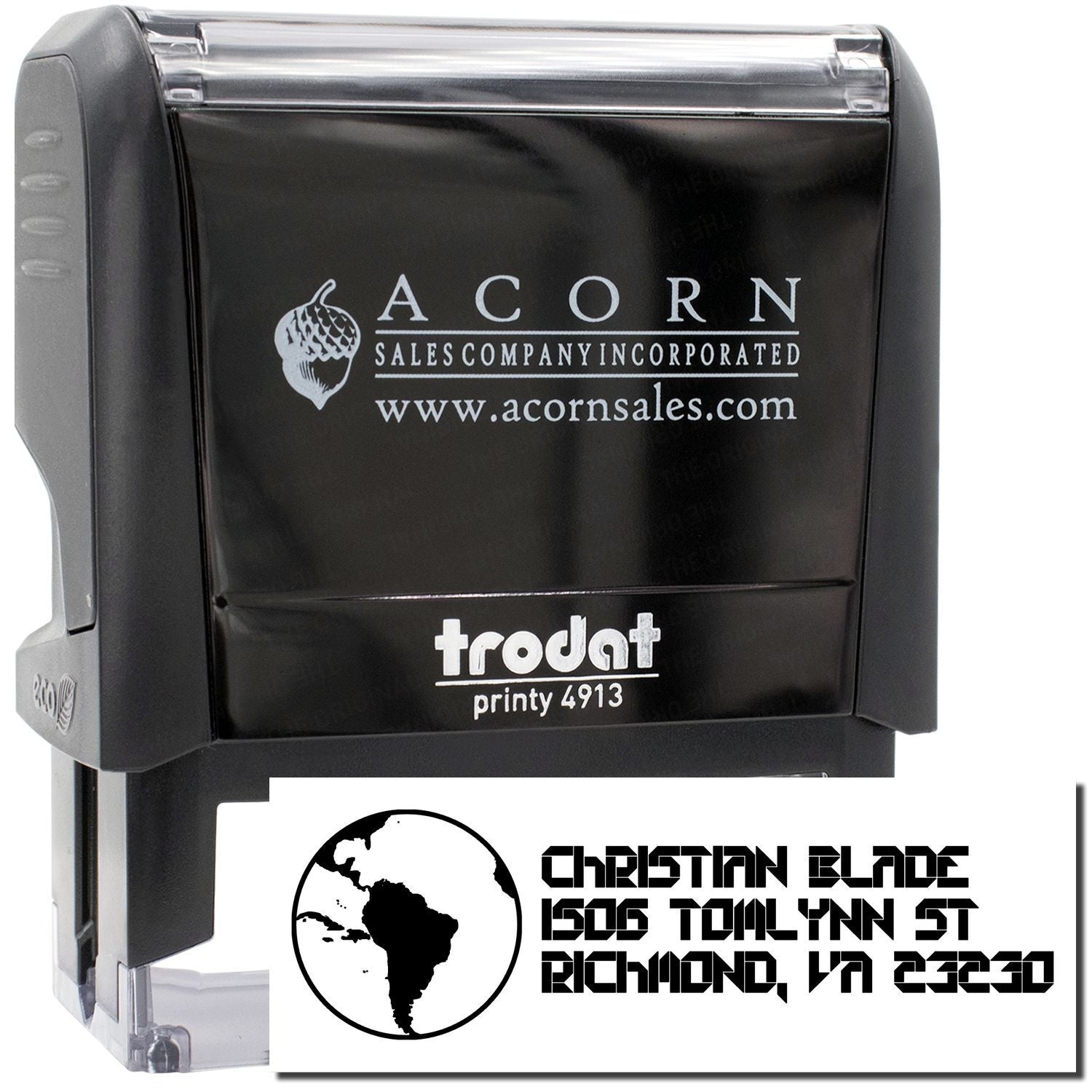 Custom self-inking rubber stamp, Trodat Printy 4913, with Acorn Sales logo and sample address imprint for business mailing.