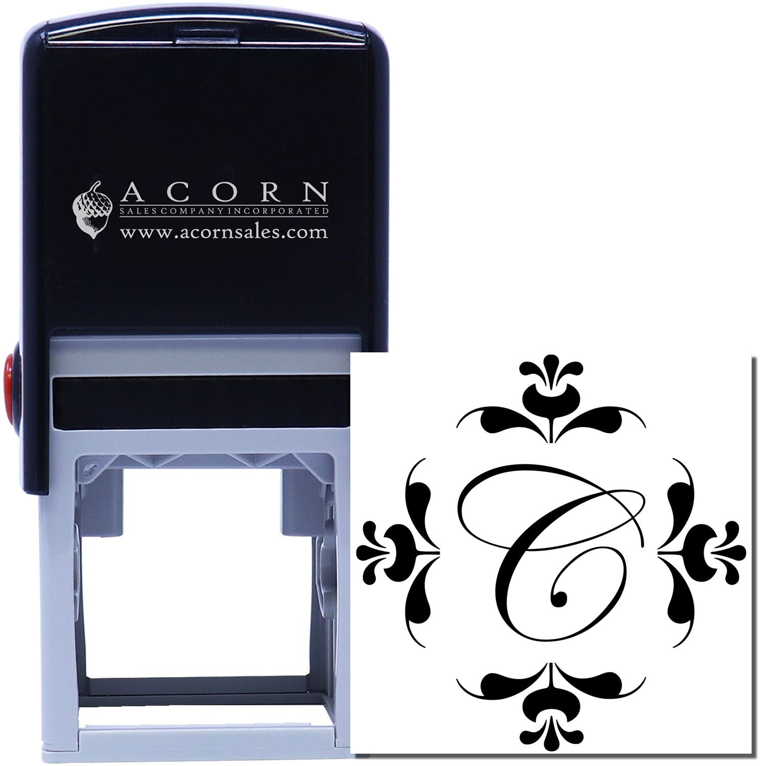 Custom self-inking rubber stamp with ornate monogram C design for personalized business branding and stationery.