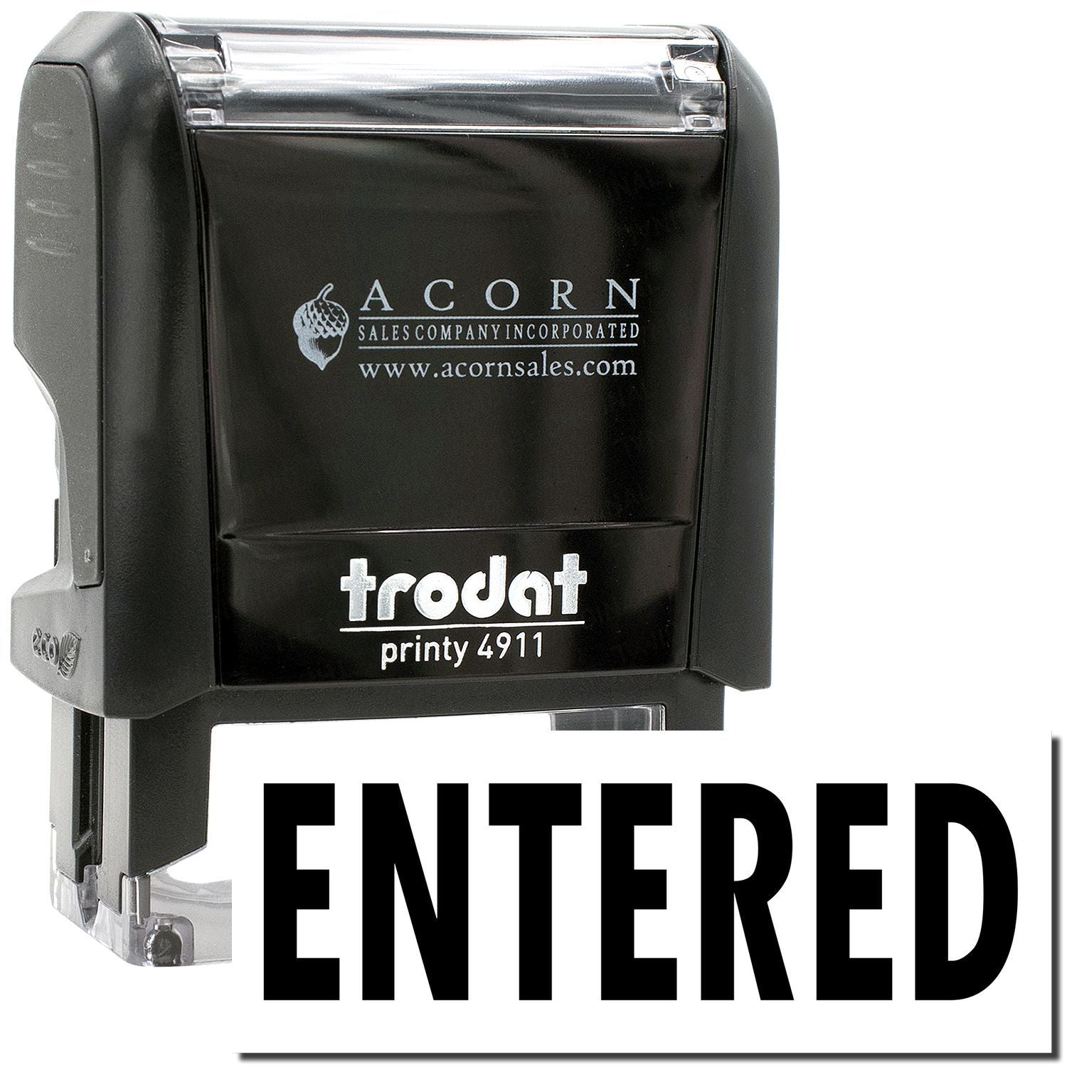 Trodat Printy 4911 self-inking ENTERED stamp by Acorn Sales Company with black ink and clear cover.