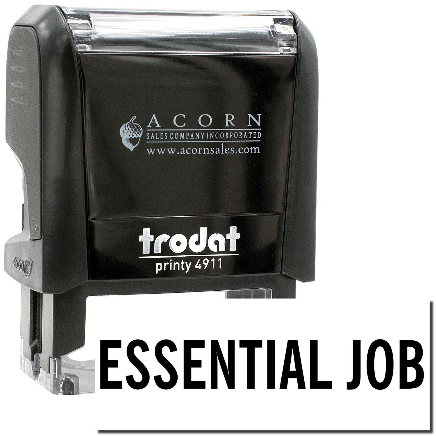 Trodat Printy 4911 self-inking stamp by Acorn Sales Company, black essential job stamp with clear imprint window