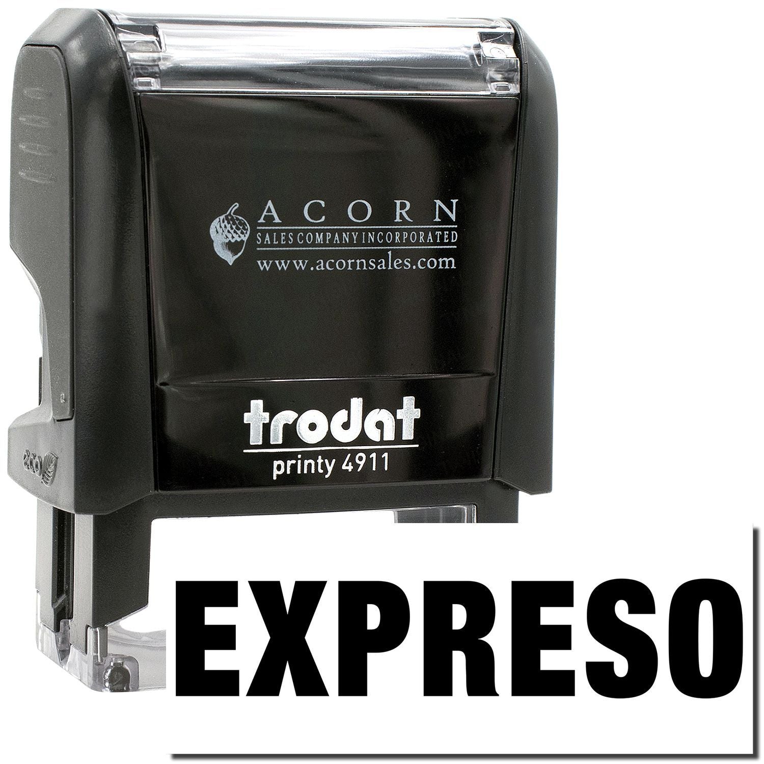 Black Trodat Printy 4911 self-inking rubber stamp with Expreso imprint and Acorn Sales branding
