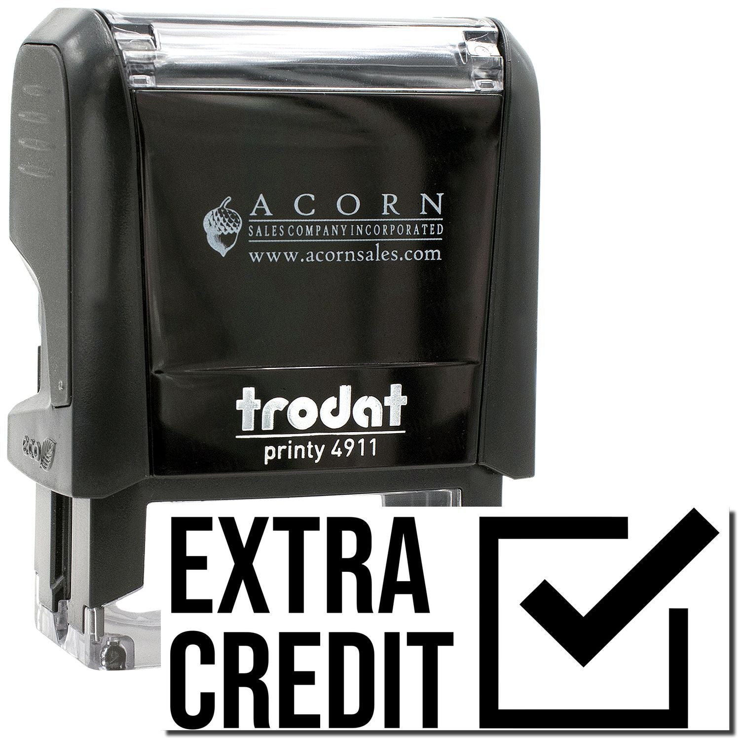 Trodat Printy 4911 extra credit self-inking stamp with Acorn Sales logo and checkmark icon
