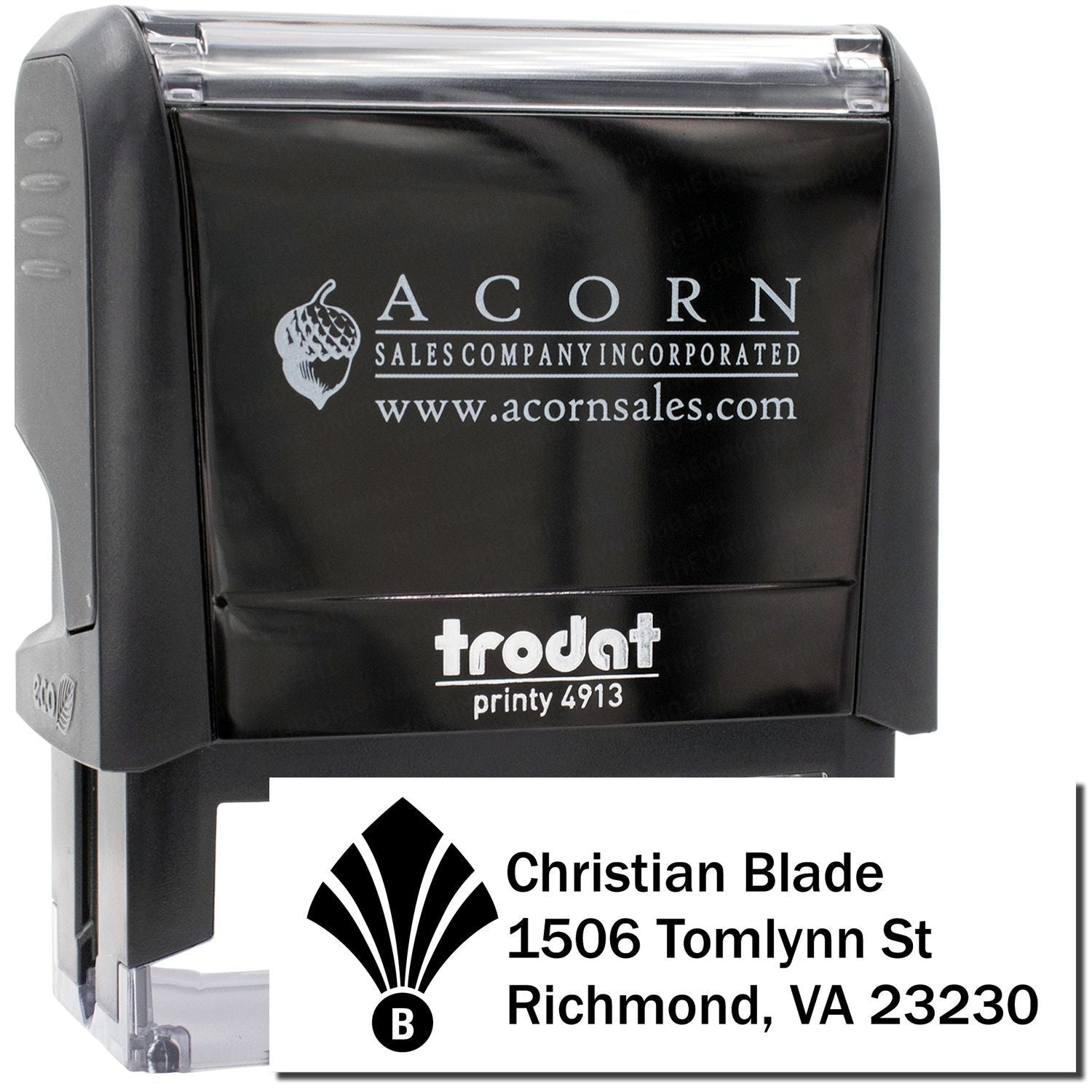 Custom self-inking Trodat Printy 4913 rubber stamp with business logo and address imprint for branding and mailing.