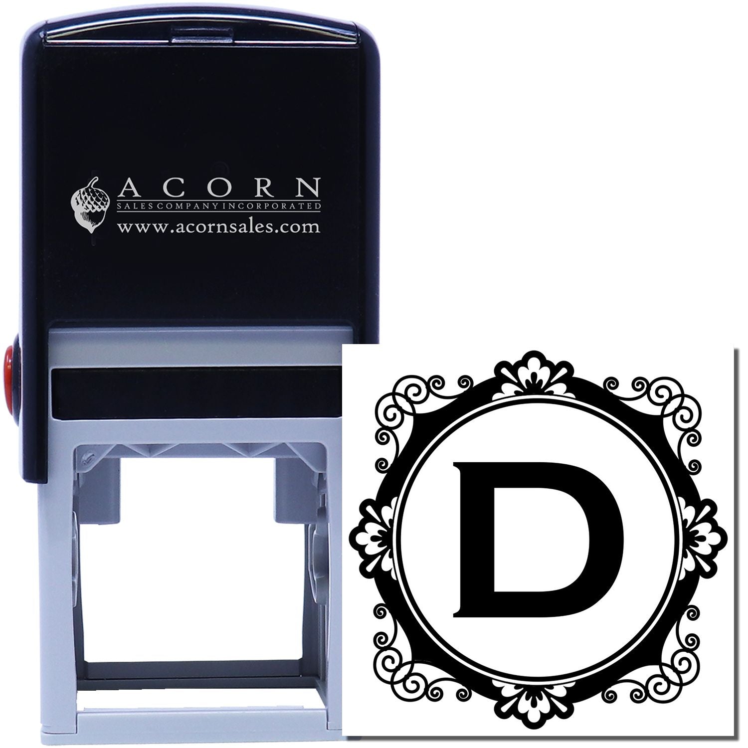 Self-inking rubber stamp with ornate letter D monogram design for custom business stationery and personalized branding.