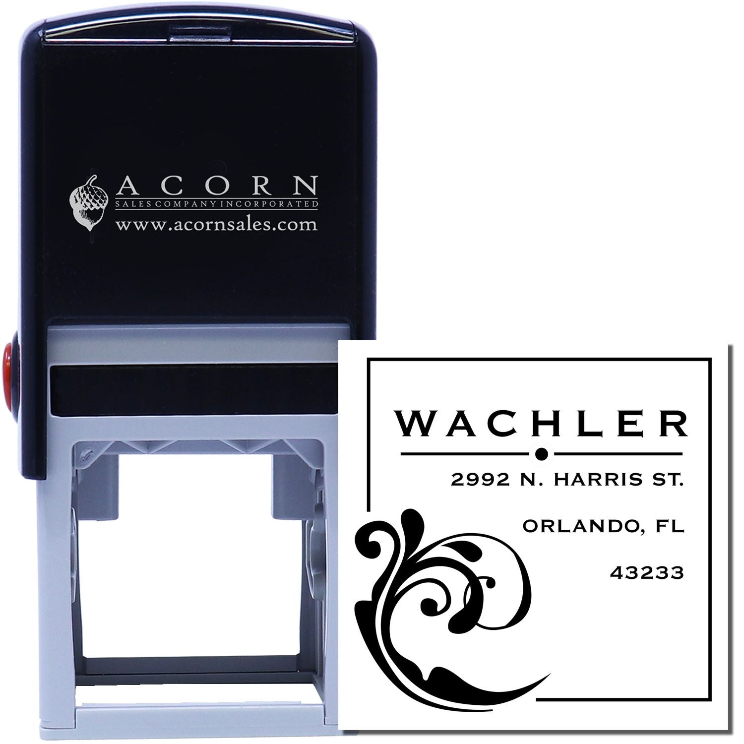 Custom self-inking return address rubber stamp with decorative monogram and personalized business address imprint