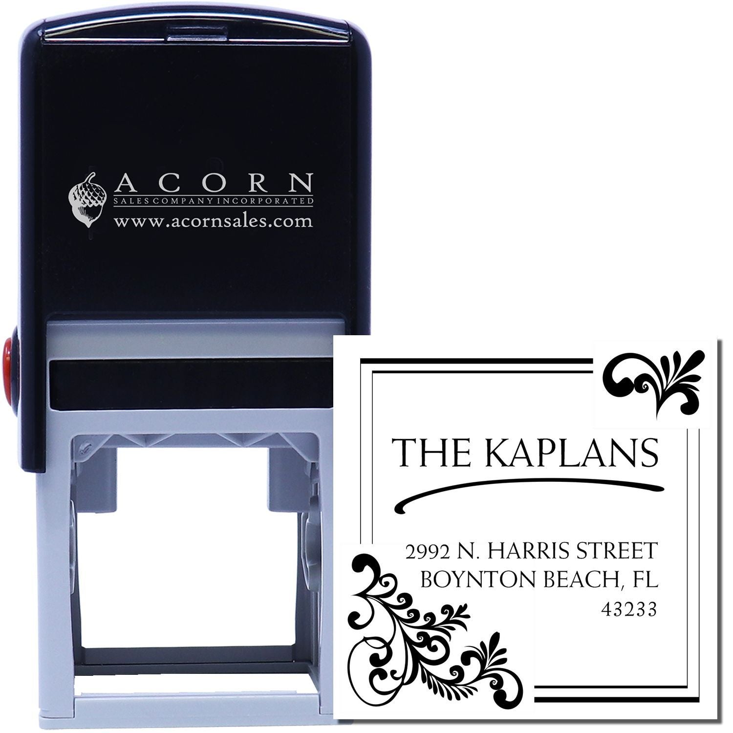 Custom self-inking return address rubber stamp with decorative border, personalized name, address, and logo imprint.