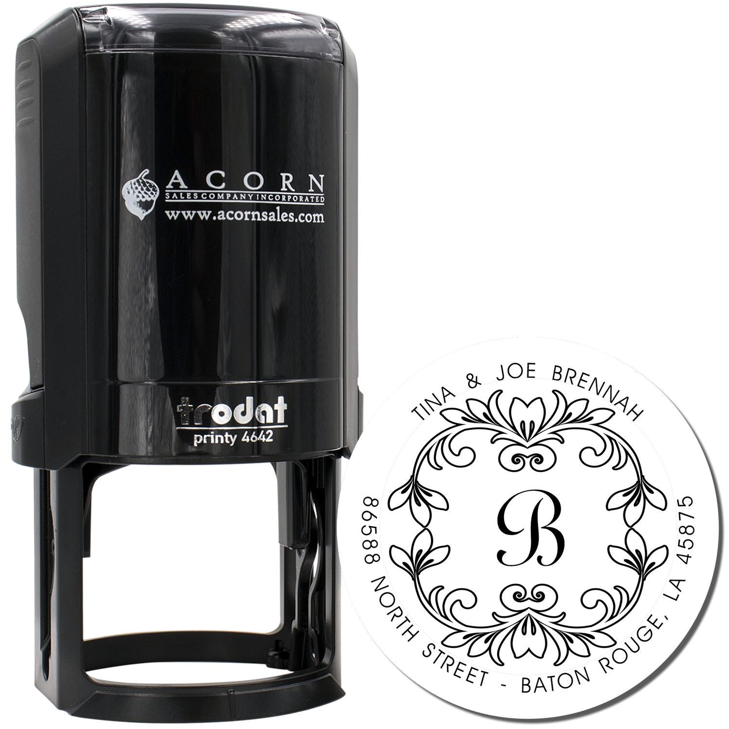 Personalized self-inking rubber address stamp with monogram, ideal for wedding invitations, cards, and mail.