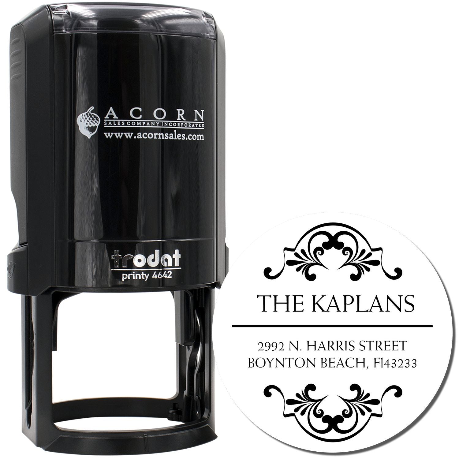 Custom self-inking rubber stamp with return address design for The Kaplans, featuring Trodat Printy 4642 stamp.