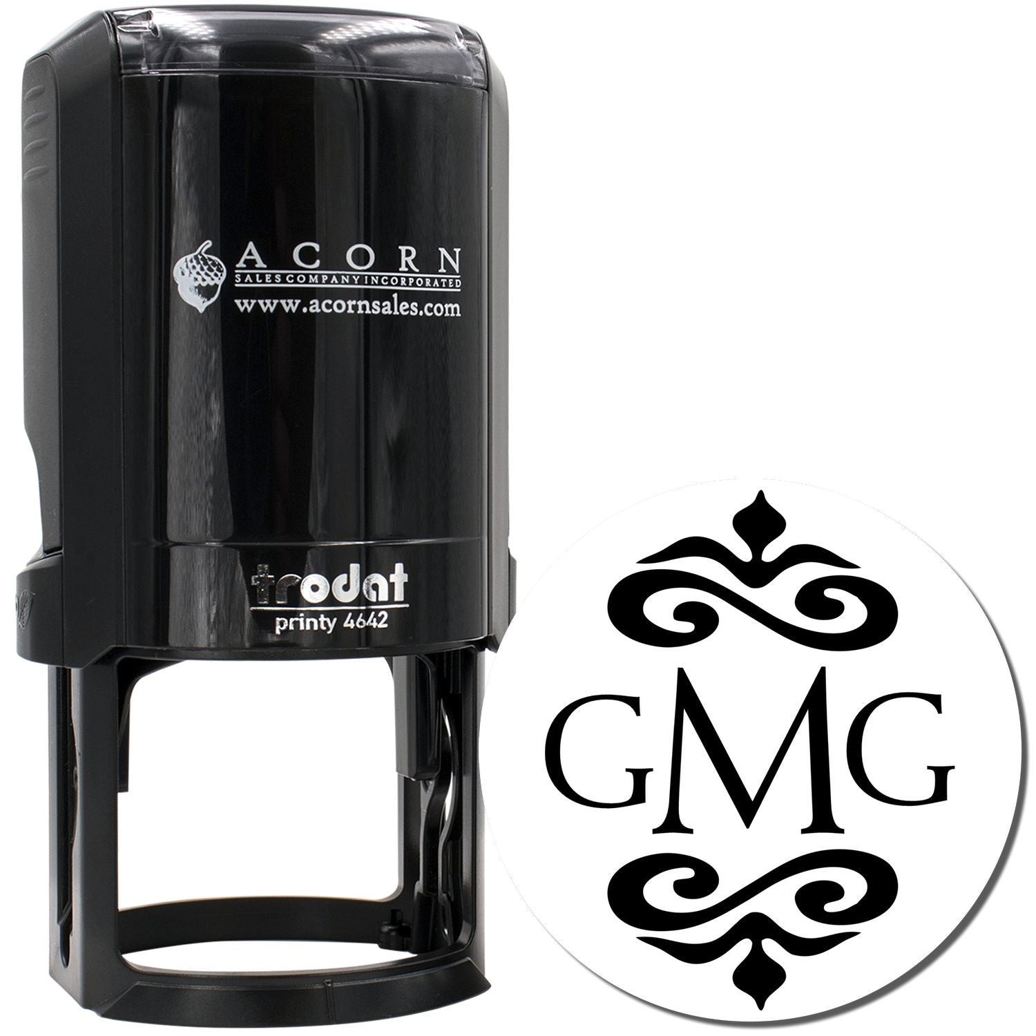 Custom self-inking monogram rubber stamp with GMG design, ideal for personalized business stationery and branding.