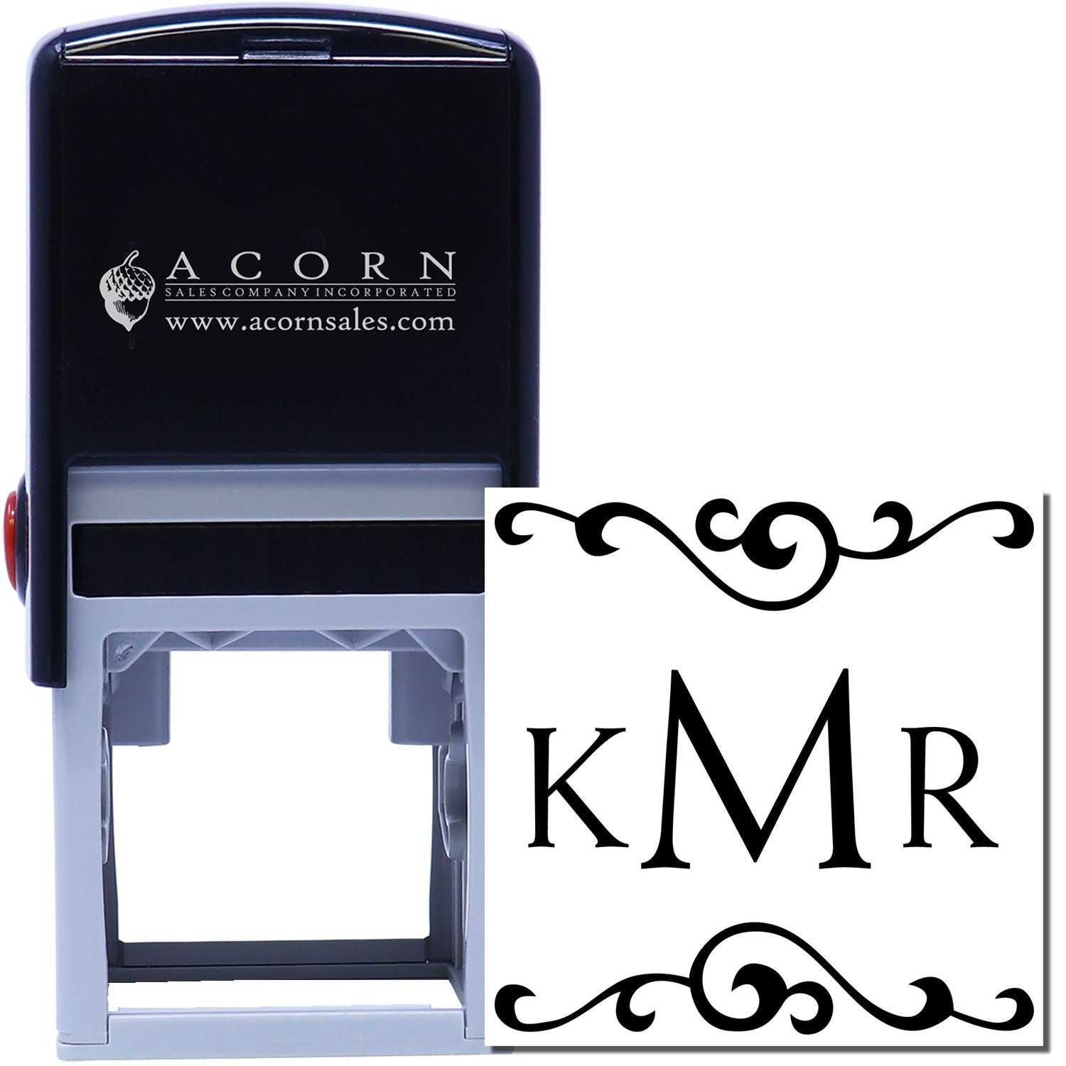 Custom self-inking rubber stamp with KMR monogram and decorative flourishes for personalized branding and business use.