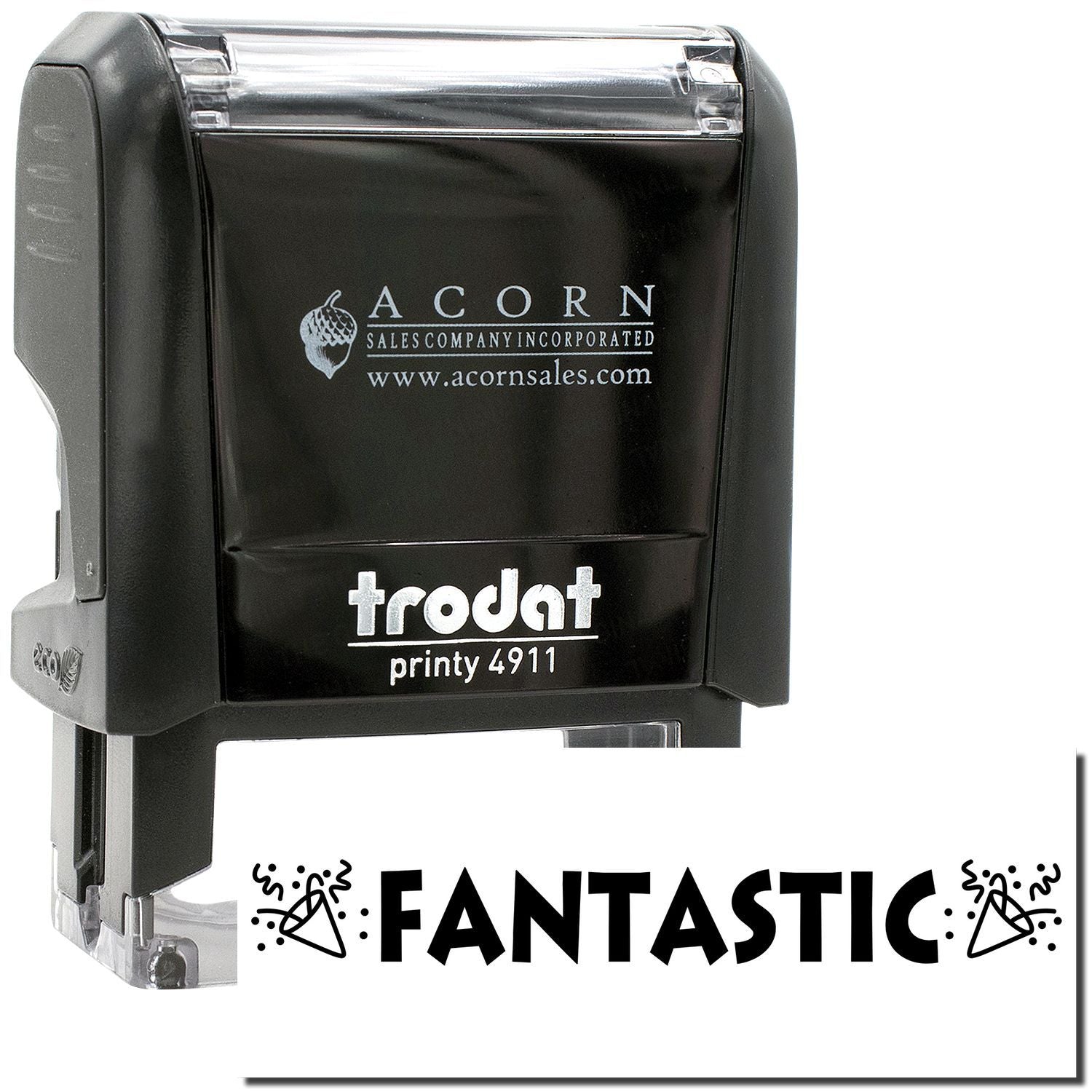 Black Trodat Printy 4911 self-inking stamp with Acorn Sales Company branding and Fantastic imprint.