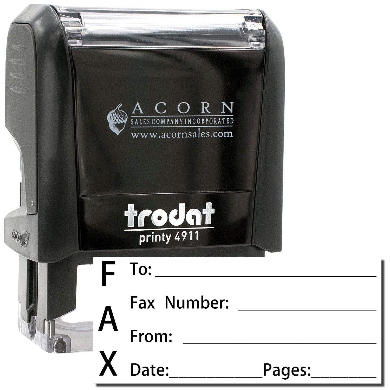 Trodat Printy 4911 fax stamp with Acorn Sales logo, featuring To, Fax Number, From, Date, and Pages fields.
