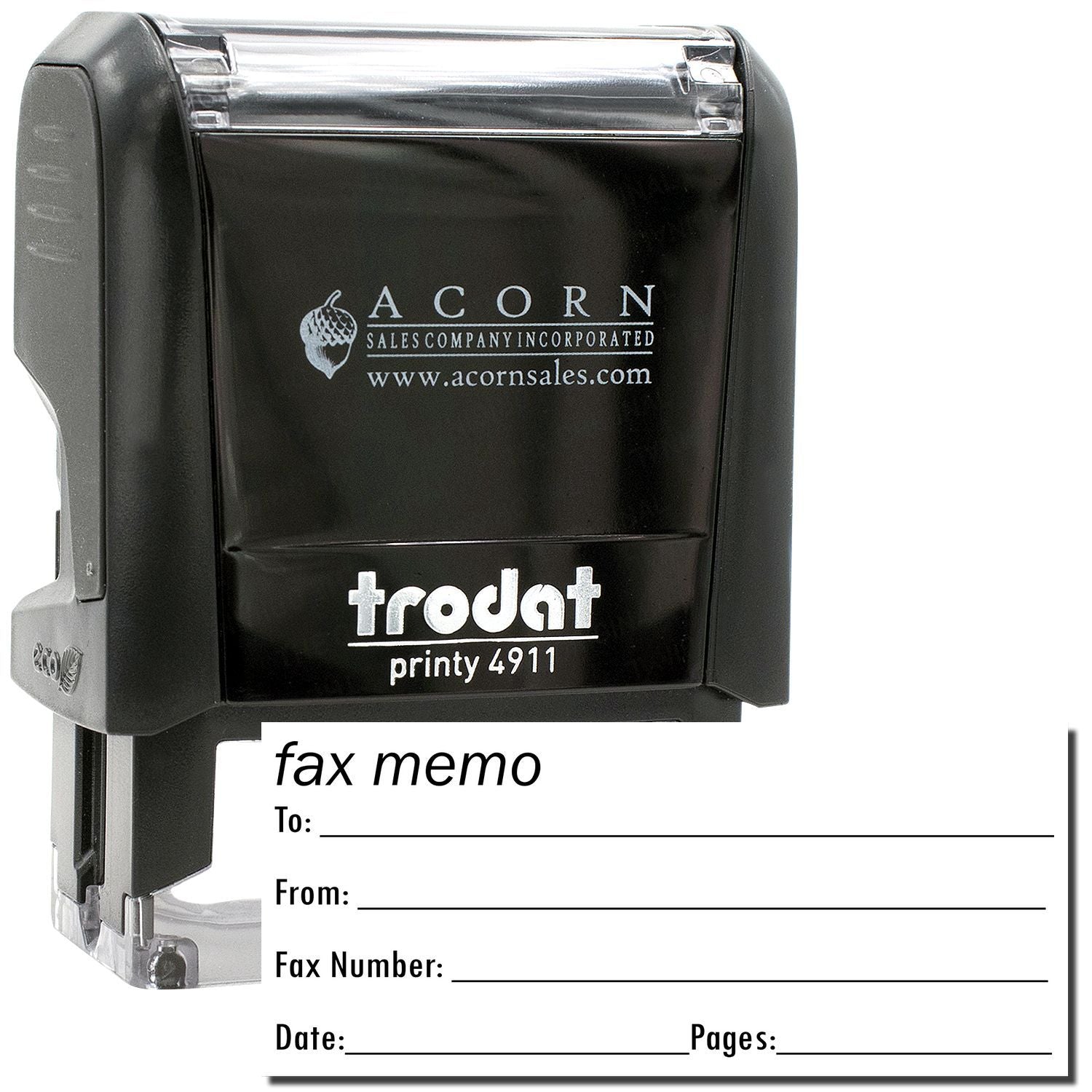 Trodat Printy 4911 fax memo self-inking stamp with Acorn Sales logo and fax message form.