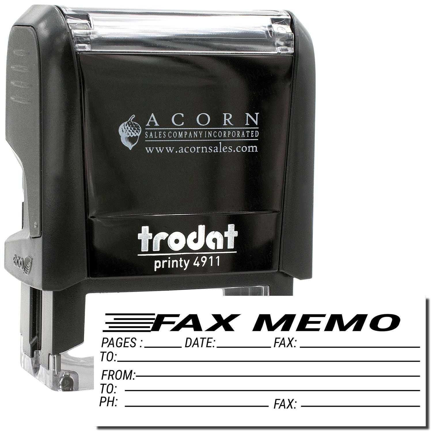Black Trodat Printy 4911 self-inking fax memo stamp with Acorn Sales logo and office fax form imprint
