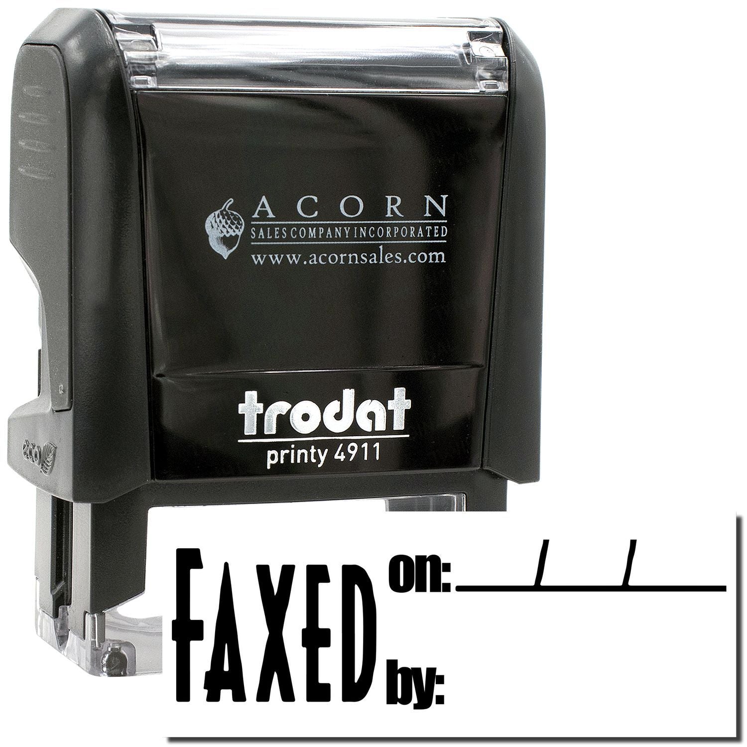 Trodat Printy 4911 self-inking office stamp with custom Faxed on and Paid by text, black Acorn Sales stamp mount.