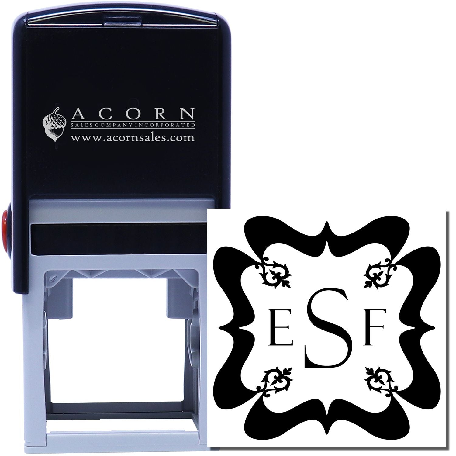 Custom self-inking rubber stamp with ESF monogram and Acorn Sales logo for business branding.