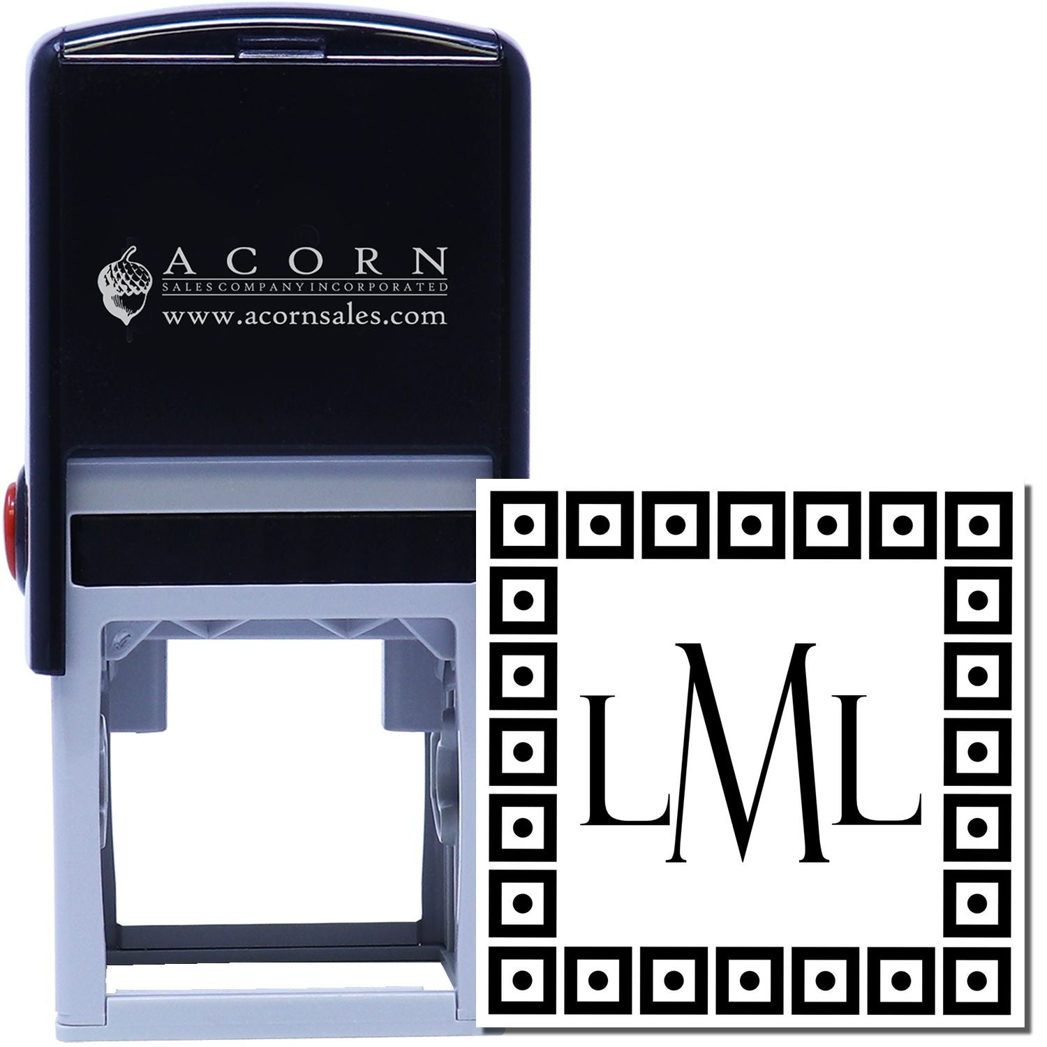 Custom self-inking rubber stamp with LML monogram and decorative border for personalized business branding and stationery.