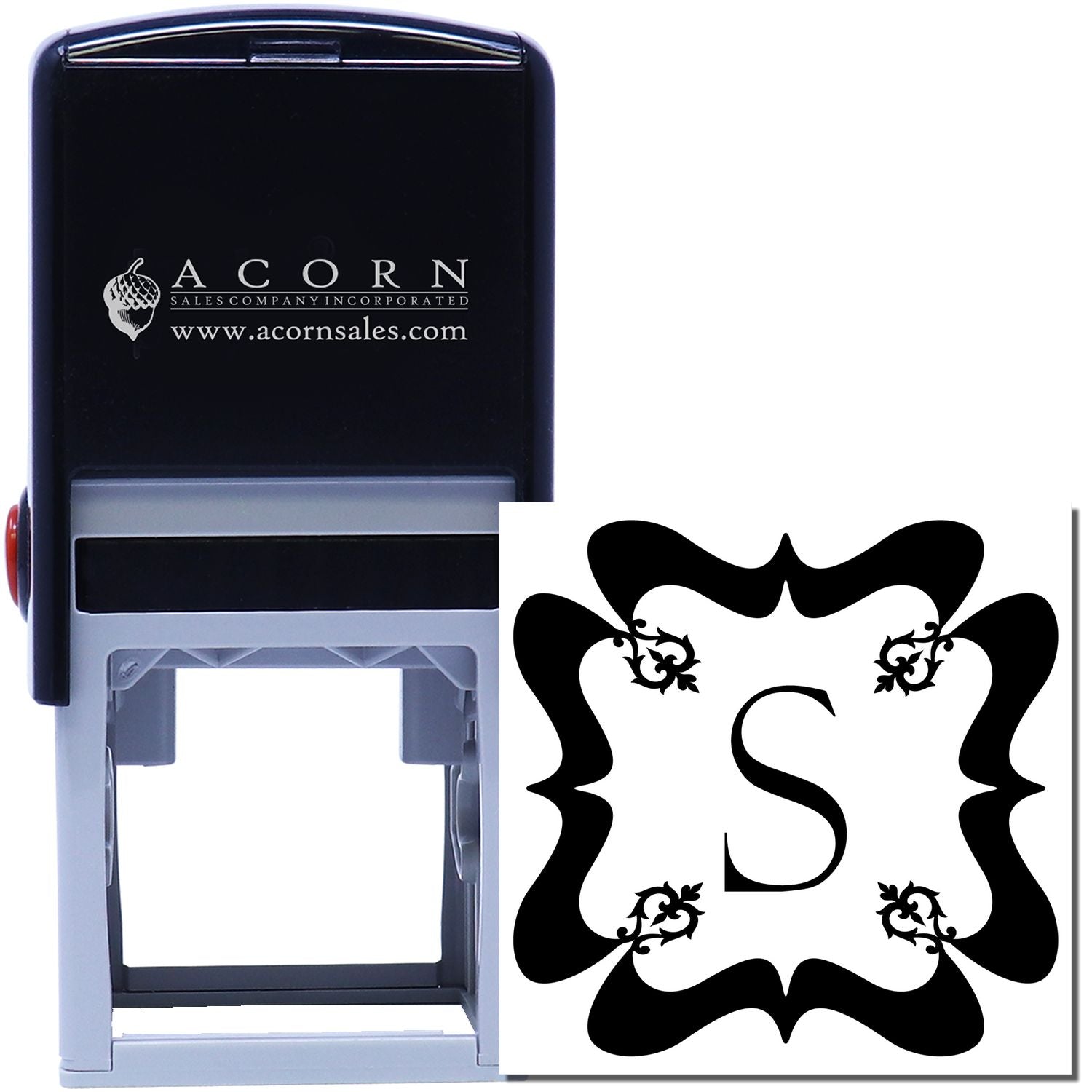 Custom self-inking rubber stamp with ornate monogram S for personalized business branding and stationery use