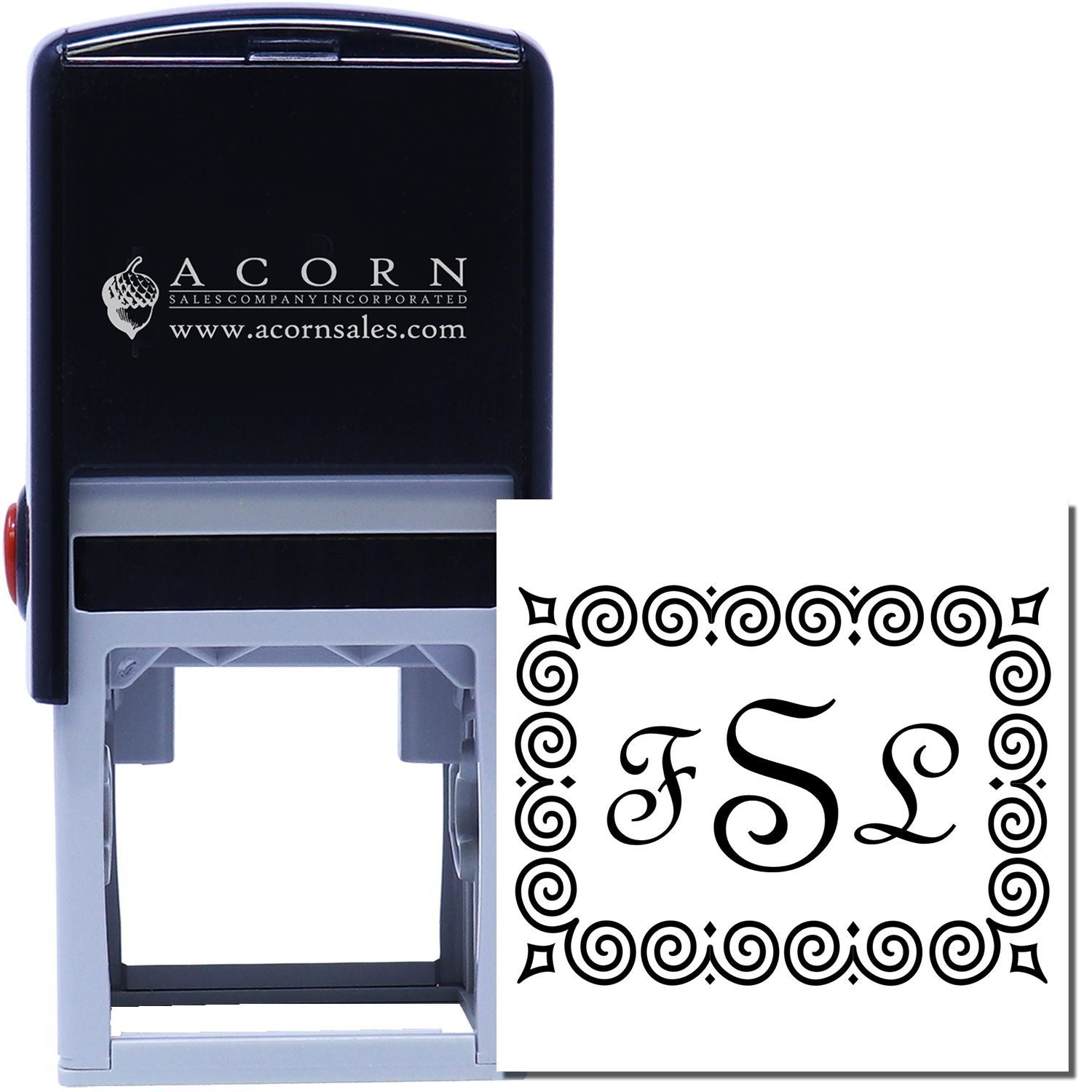 Custom self-inking rubber stamp with ornate monogram border and FSL initials for personalized business or wedding use