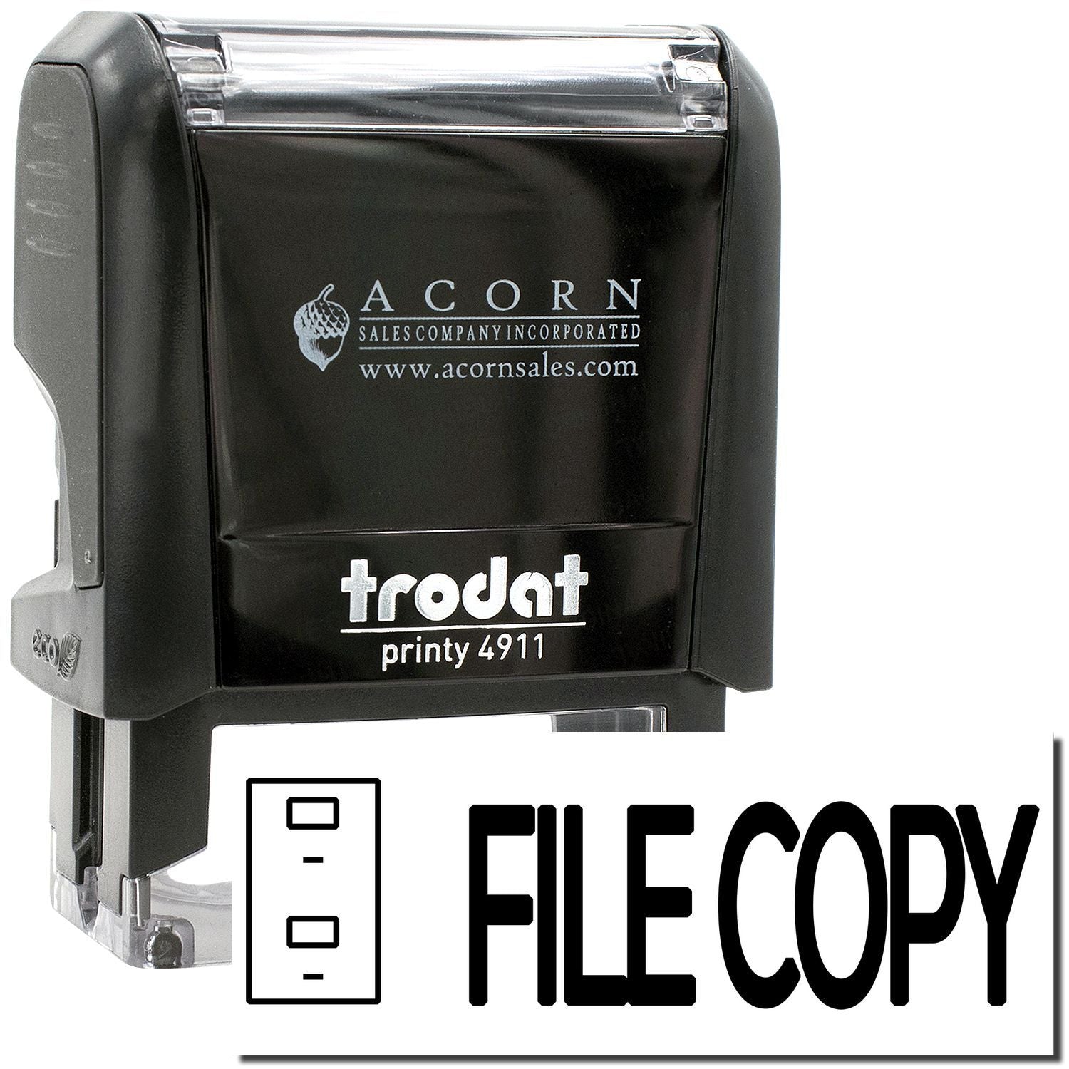 Black Trodat Printy 4911 self-inking file copy stamp with clear text imprint for office document filing.