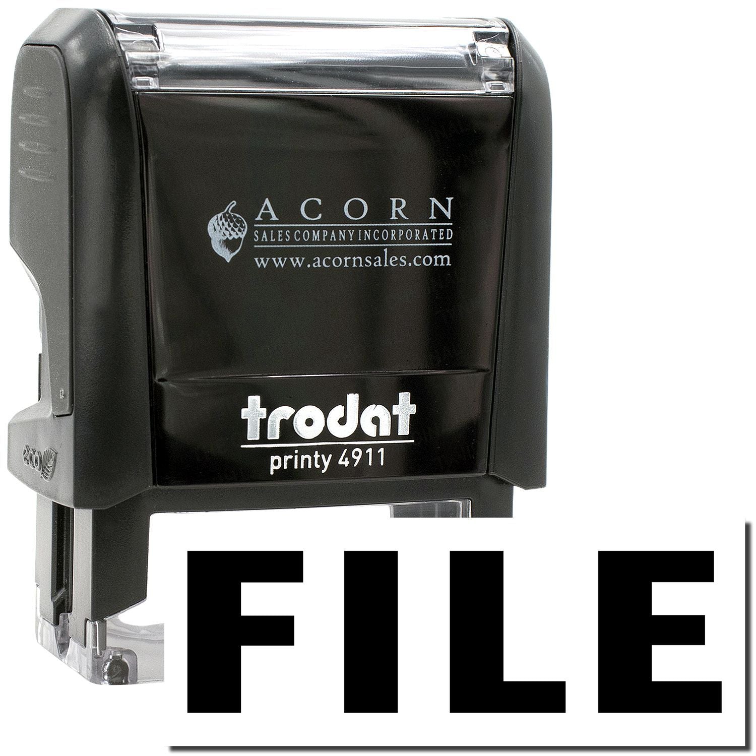 Trodat Printy 4911 self-inking FILE stamp, black Acorn Sales office stamp printer on white background
