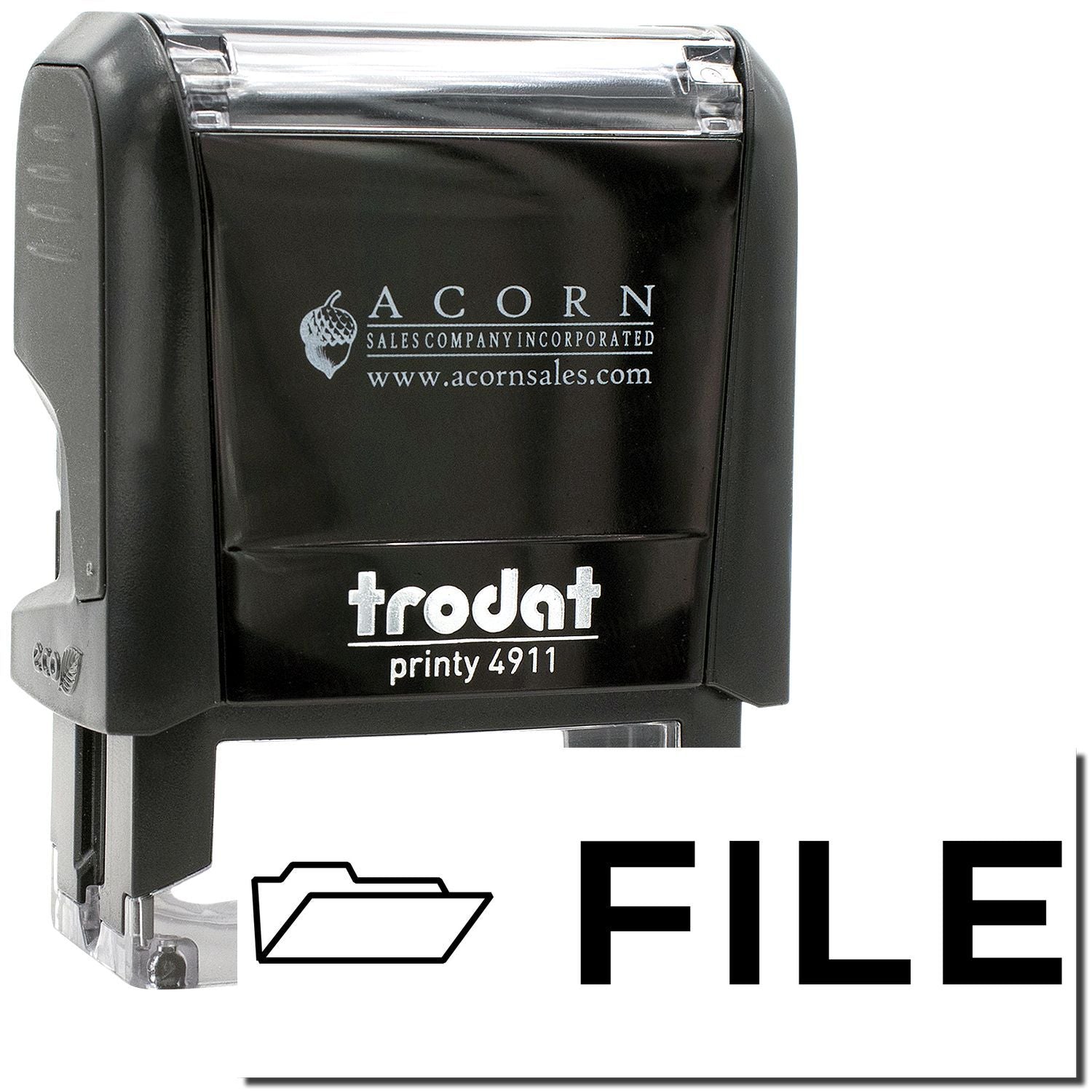 Trodat Printy 4911 black self-inking file stamp with folder icon and Acorn Sales branding