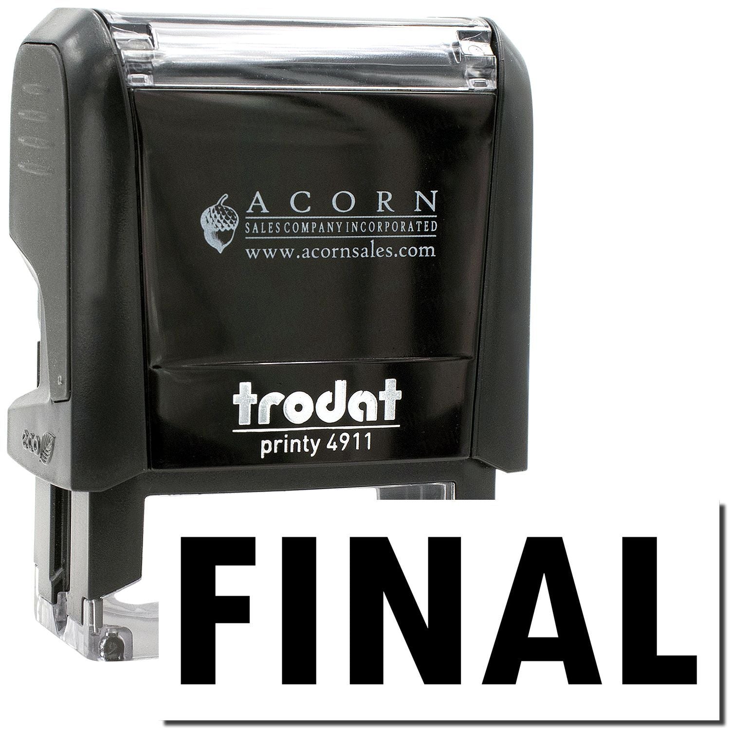 Black Trodat Printy 4911 self-inking stamp with FINAL imprint and Acorn Sales branding.