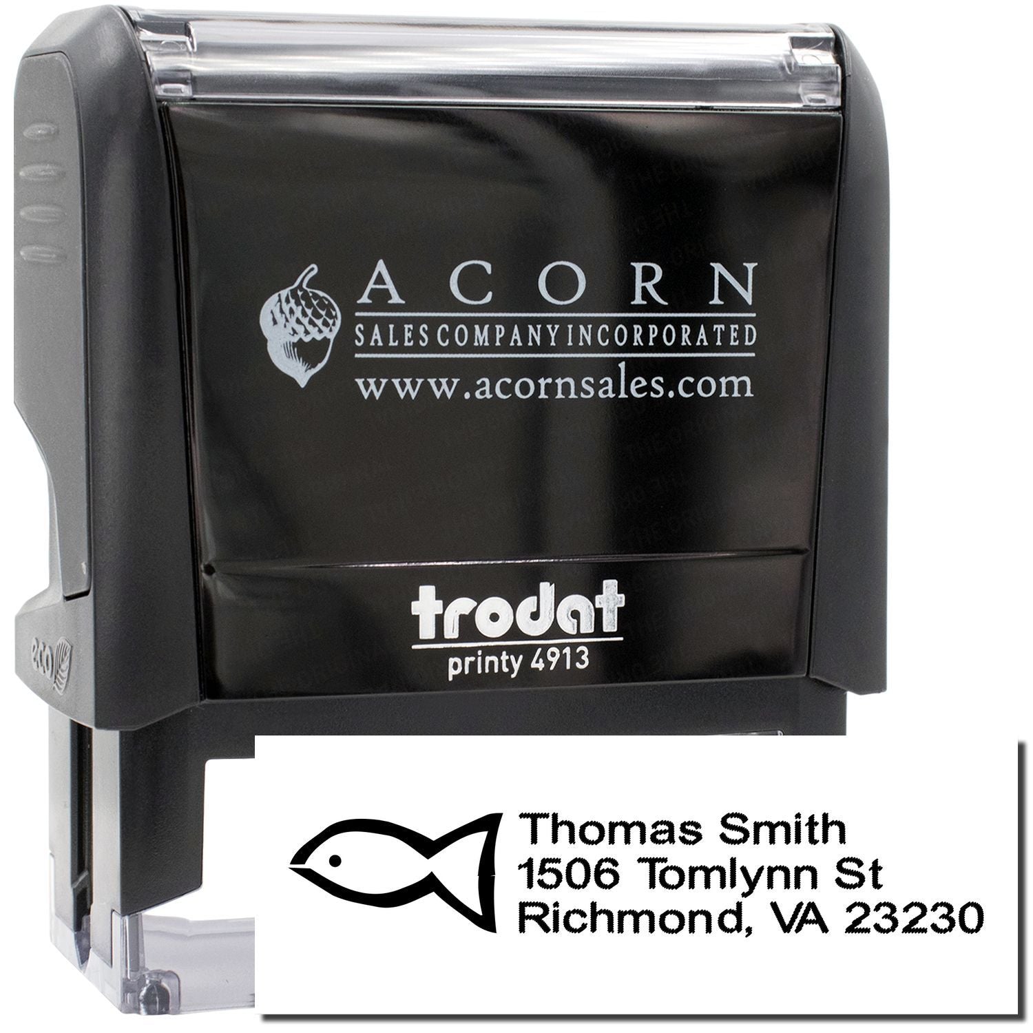 Personalized self-inking rubber stamp with logo and return address, Trodat Printy 4913