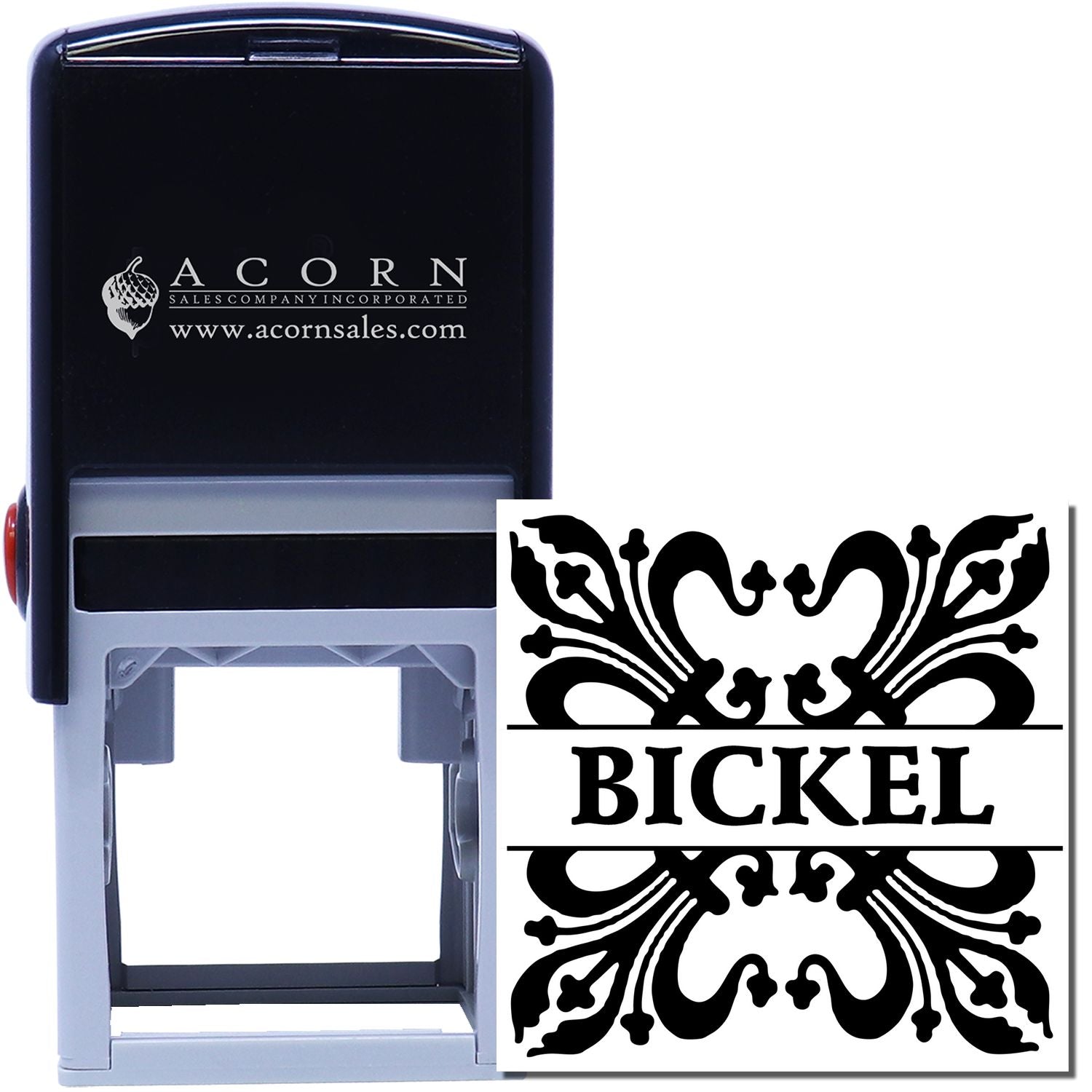 Custom self-inking rubber stamp with ornate Bickel design, ideal for personalized business or return address marking.
