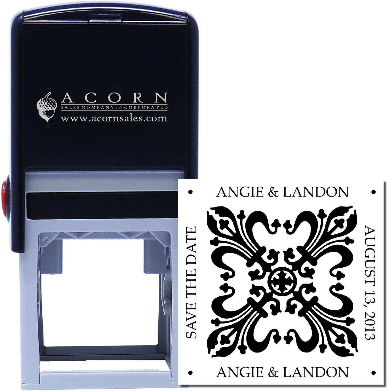 Custom self-inking rubber stamp with personalized wedding monogram, names, and date for save the date cards.