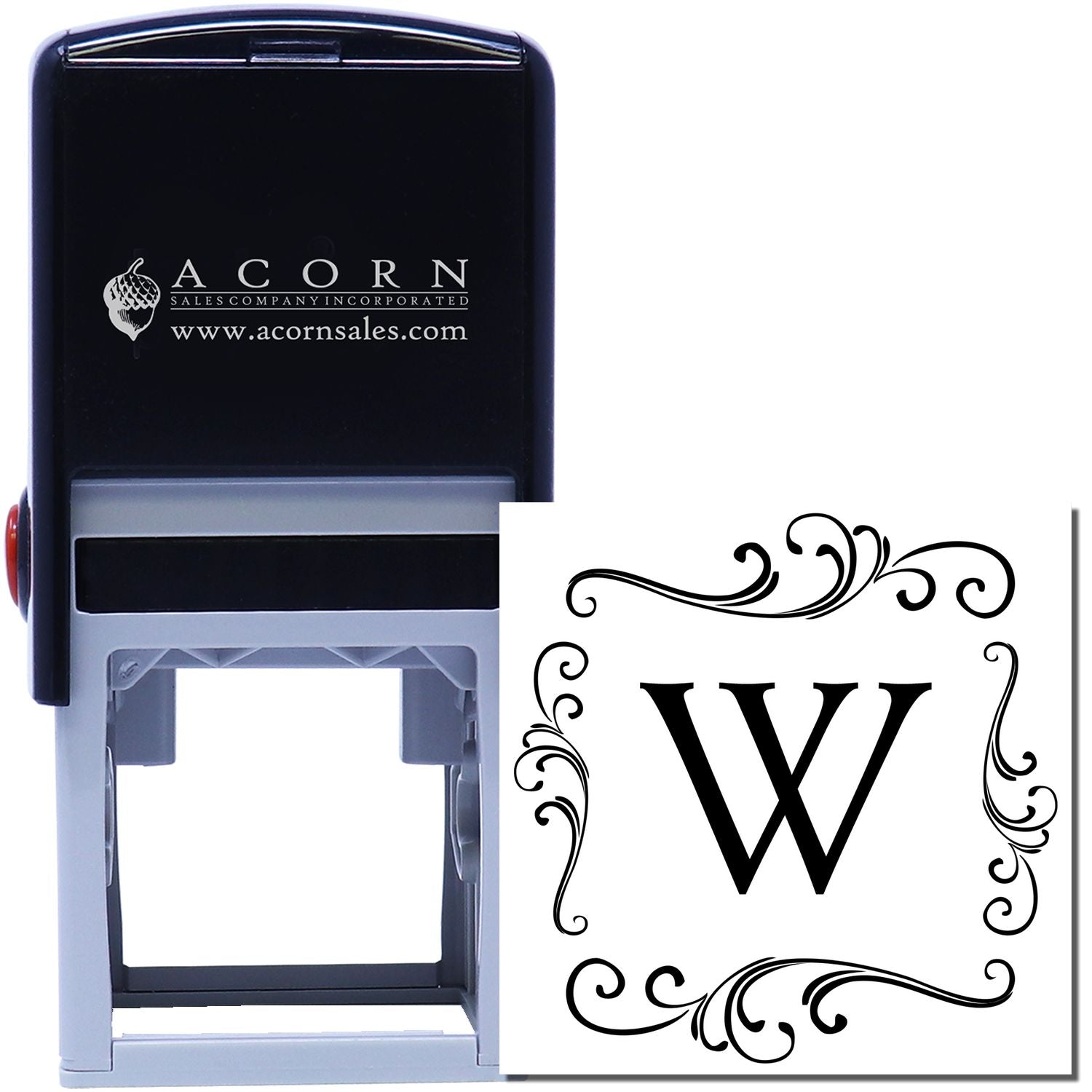 Self-inking custom rubber stamp with decorative letter W monogram for personalized branding and stationery