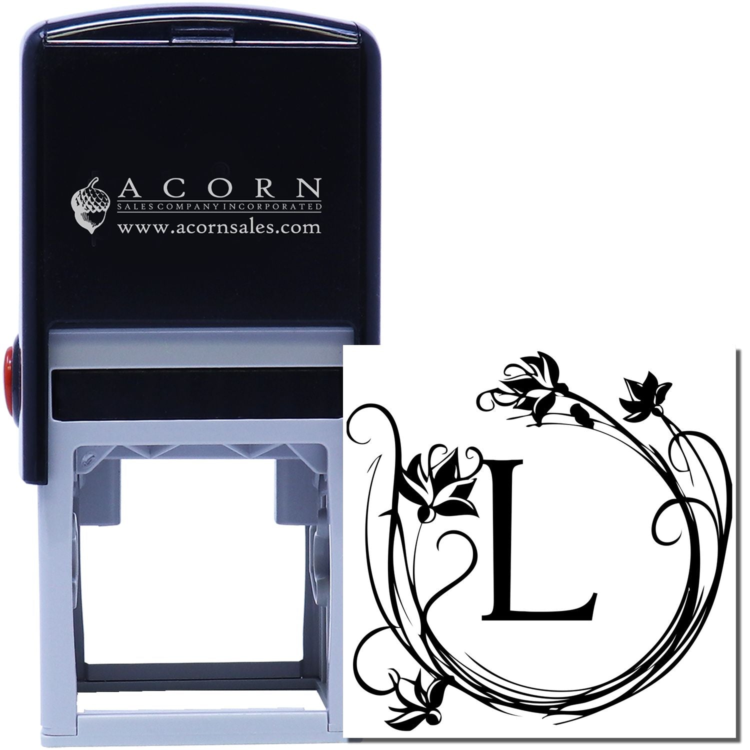 Custom self-inking rubber stamp with ornate floral monogram letter L for personalized stationery and branding.
