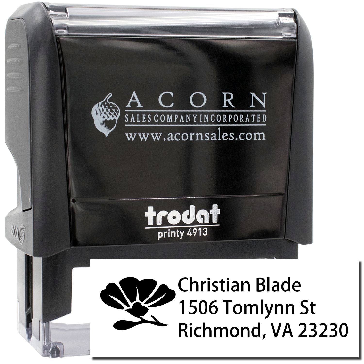Custom self-inking rubber stamp with logo and address, Trodat Printy 4913 for business branding and mailings