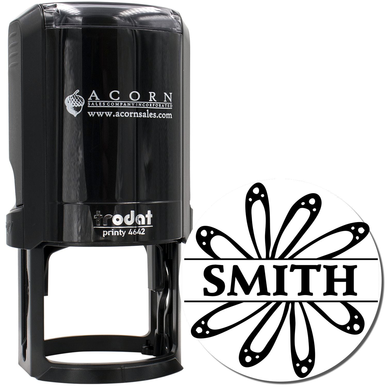 Trodat self-inking rubber stamp with custom Smith design for business or personal use.