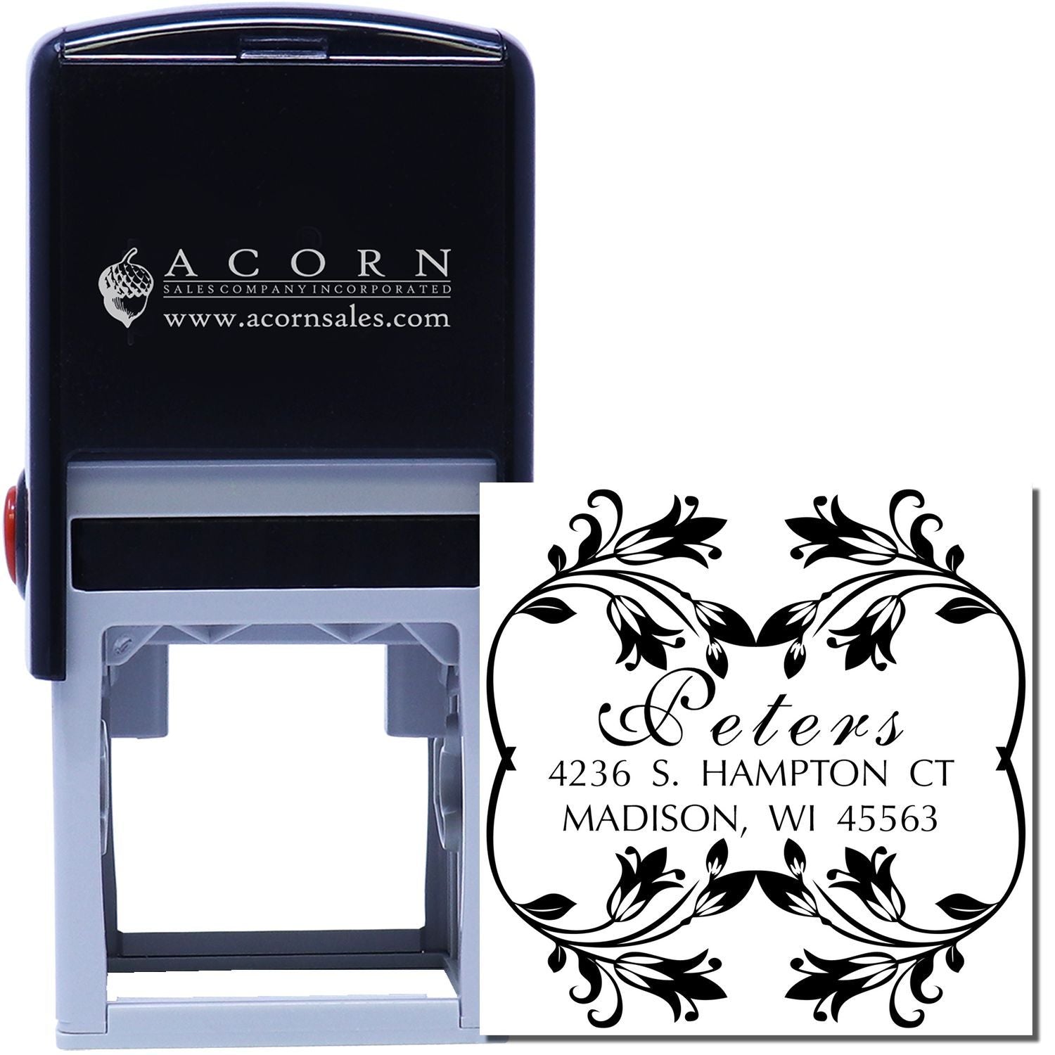 Self-inking custom address rubber stamp with floral monogram design, ideal for personalized wedding or business mailing.